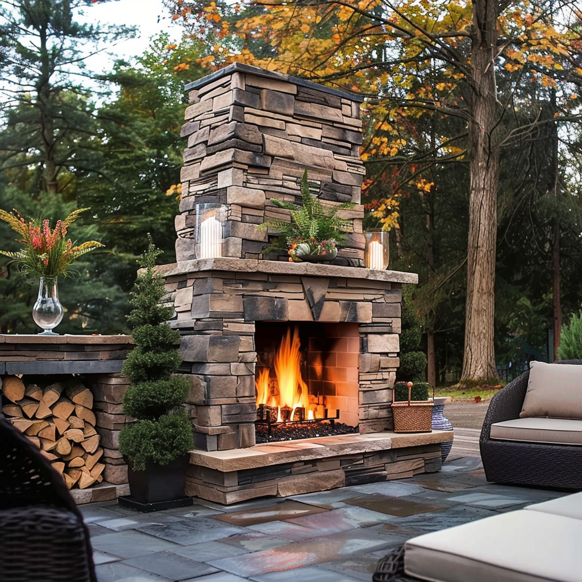 Stone Veneer Outdoor Fireplace