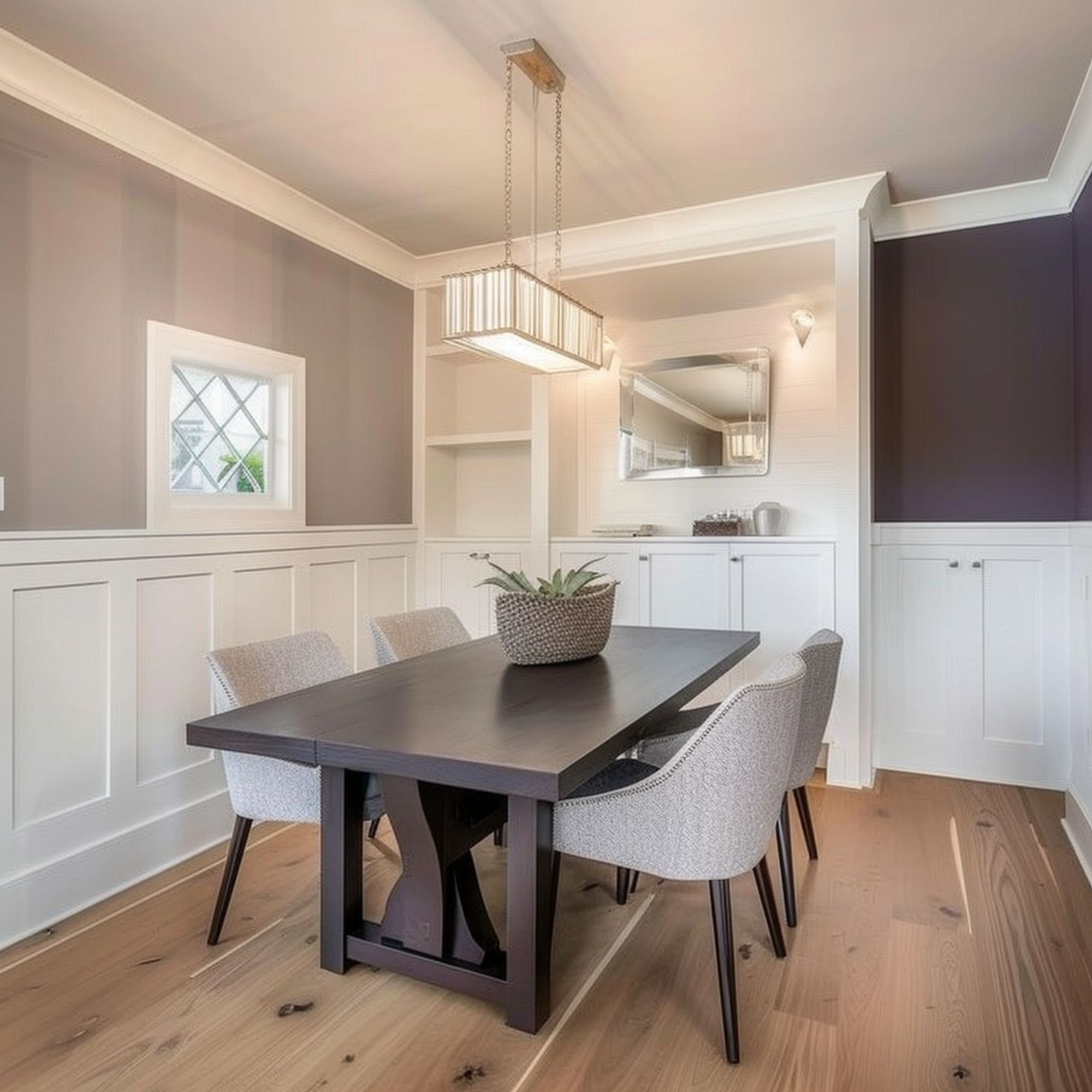 White Wainscoting and Cabinets in Dining Room