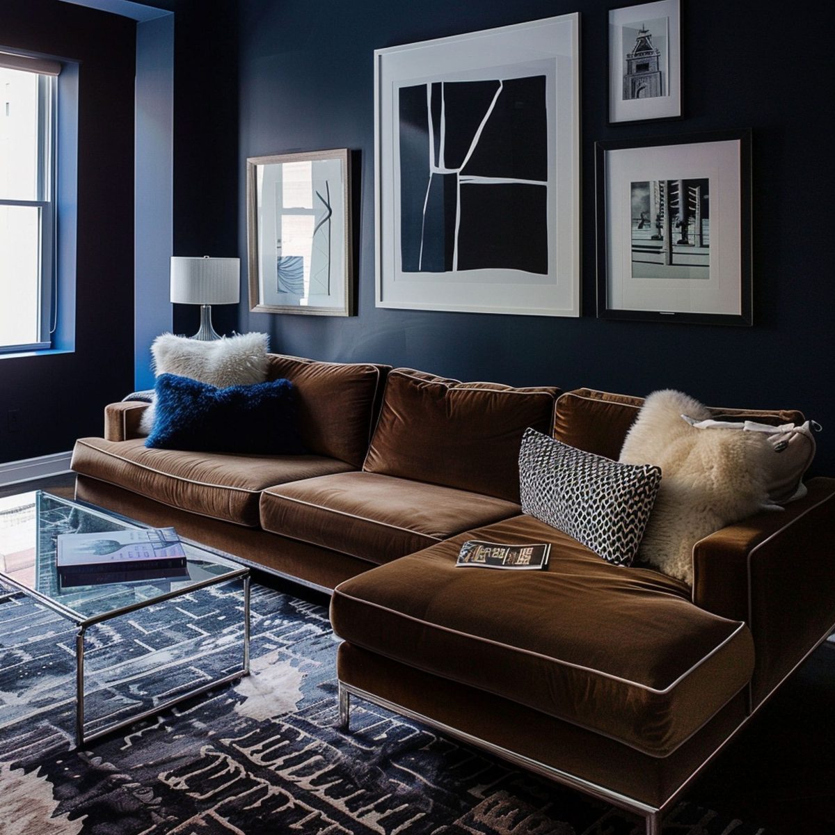 Navy Blue and Brown Living Room