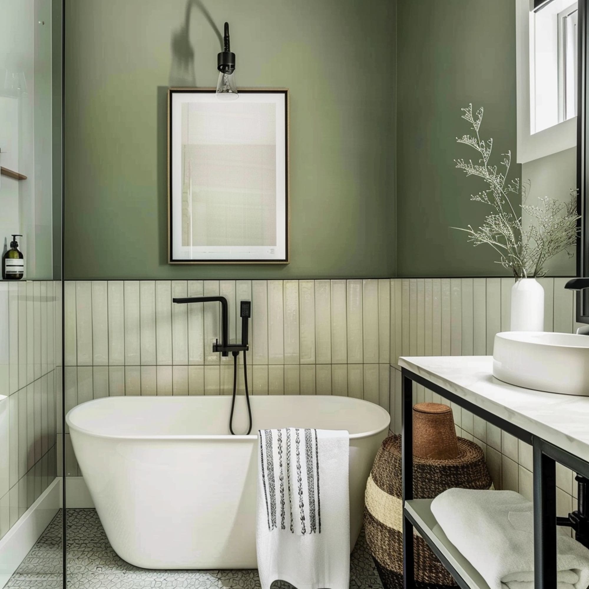 Pale Green Wall in Small Bathroom