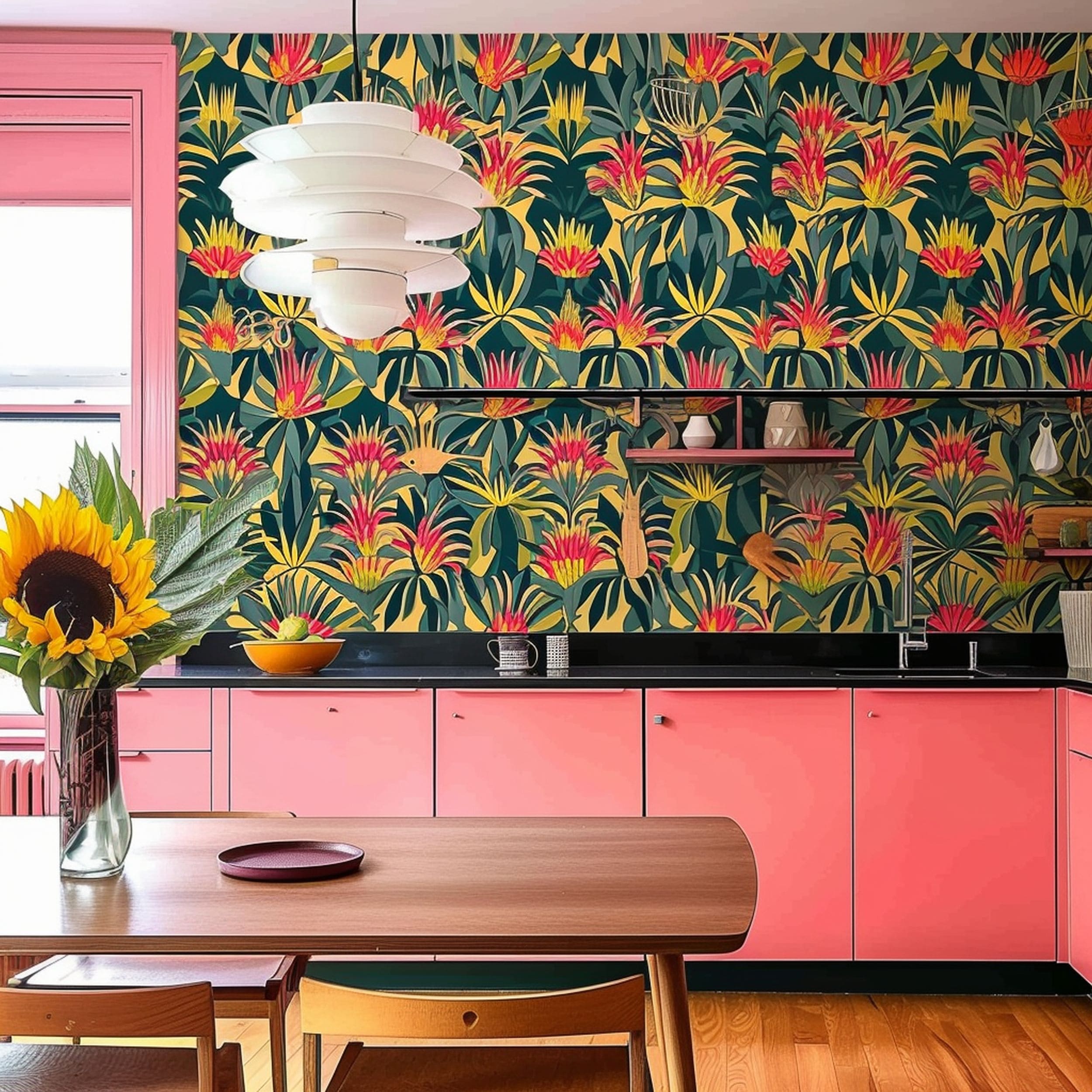 Colorful Wallpaper in Pink Kitchen