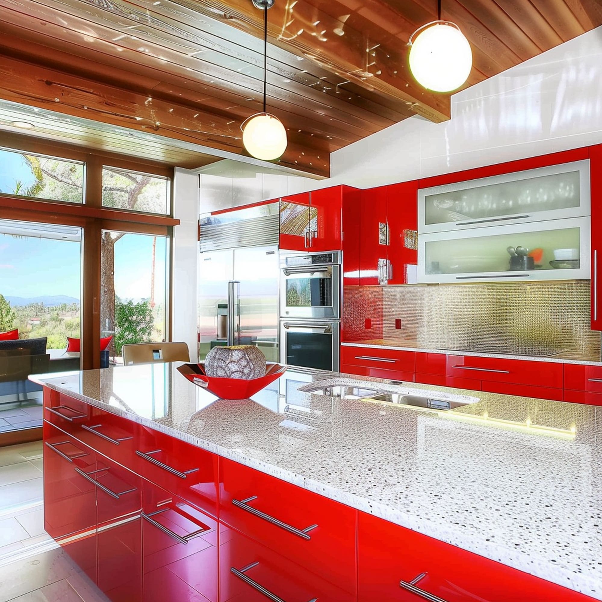 Recycled Glass Countertop in Red Kitchen