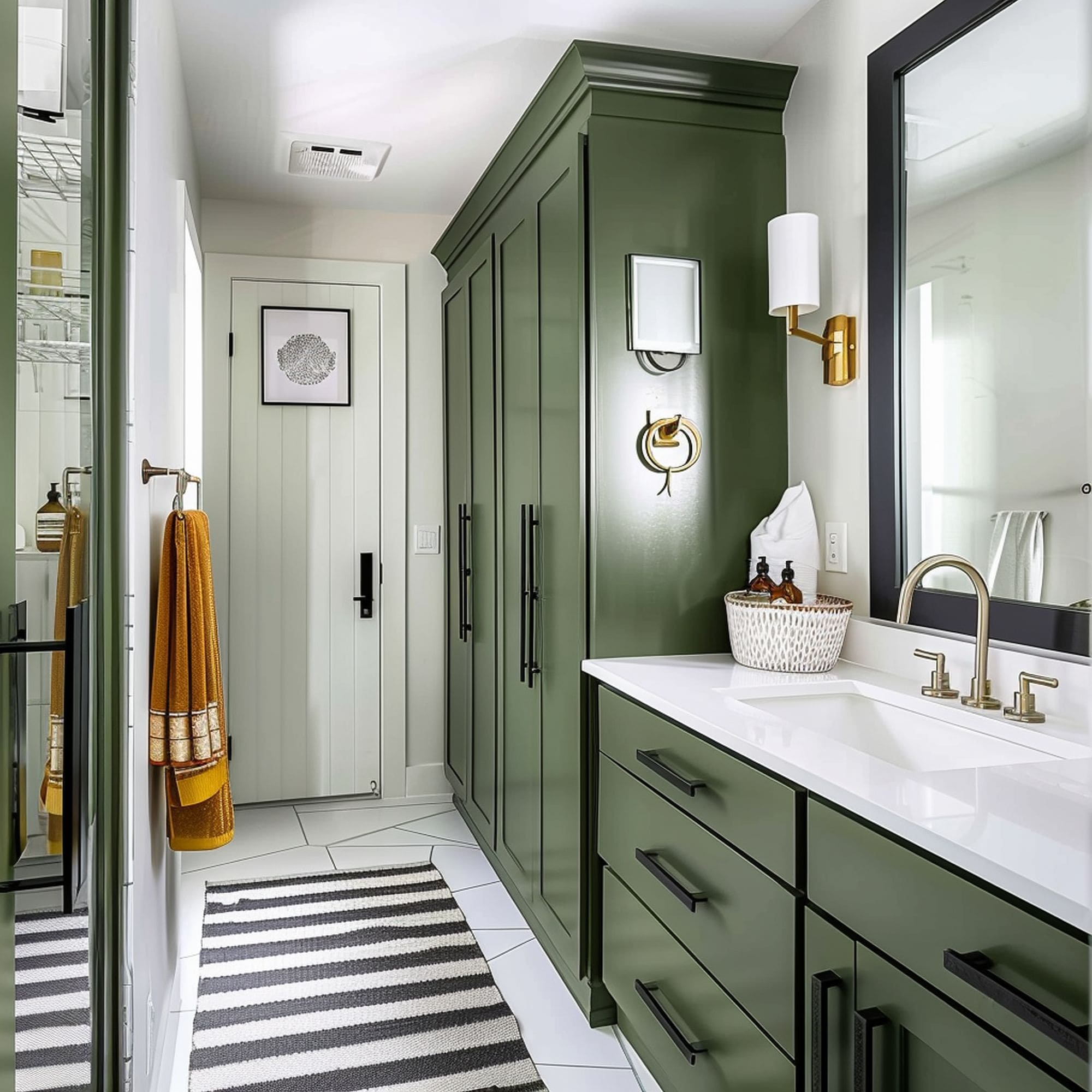 Tall Green Cabinets With Matching Vanity