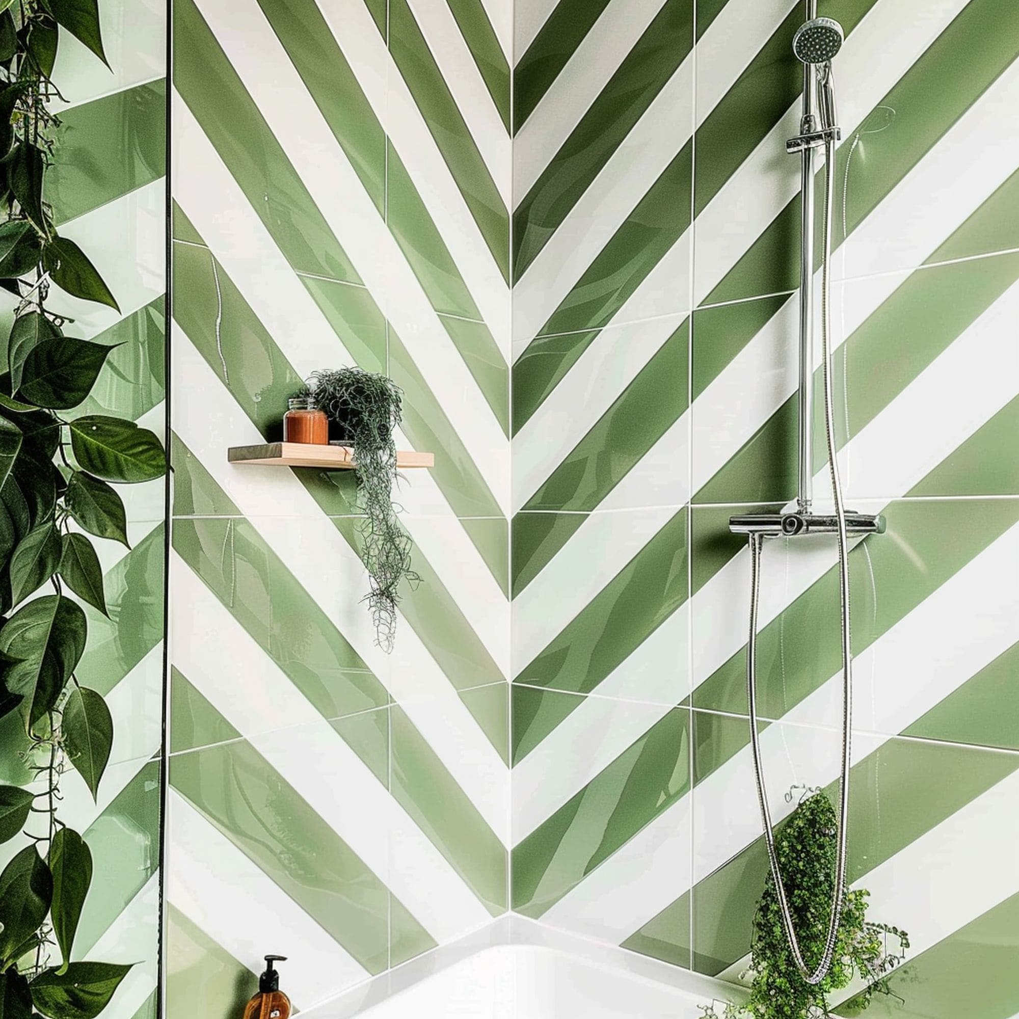 Diagonal Striped Green Shower Wall