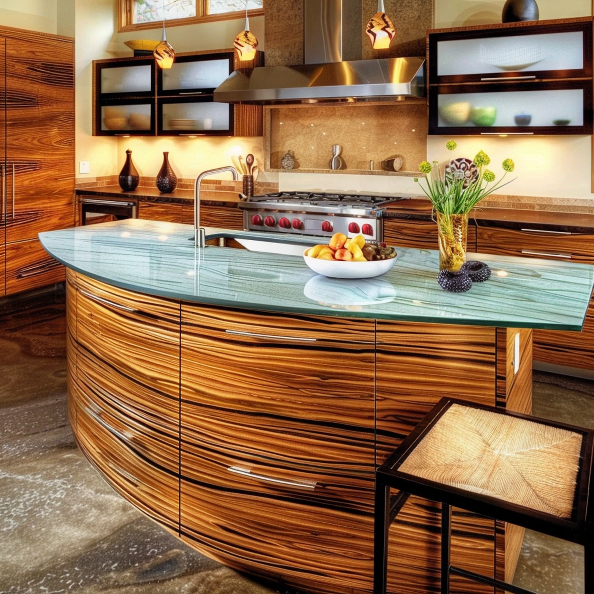 Recycled Glass Countertop on Uniquely Shaped Kitchen Island