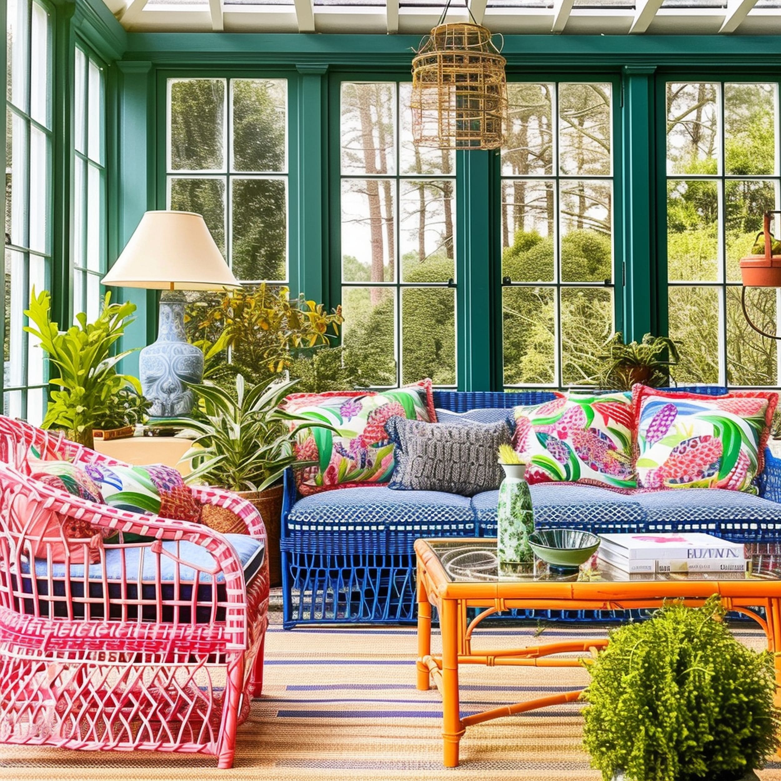 Painted Rattan Furniture in Sunroom