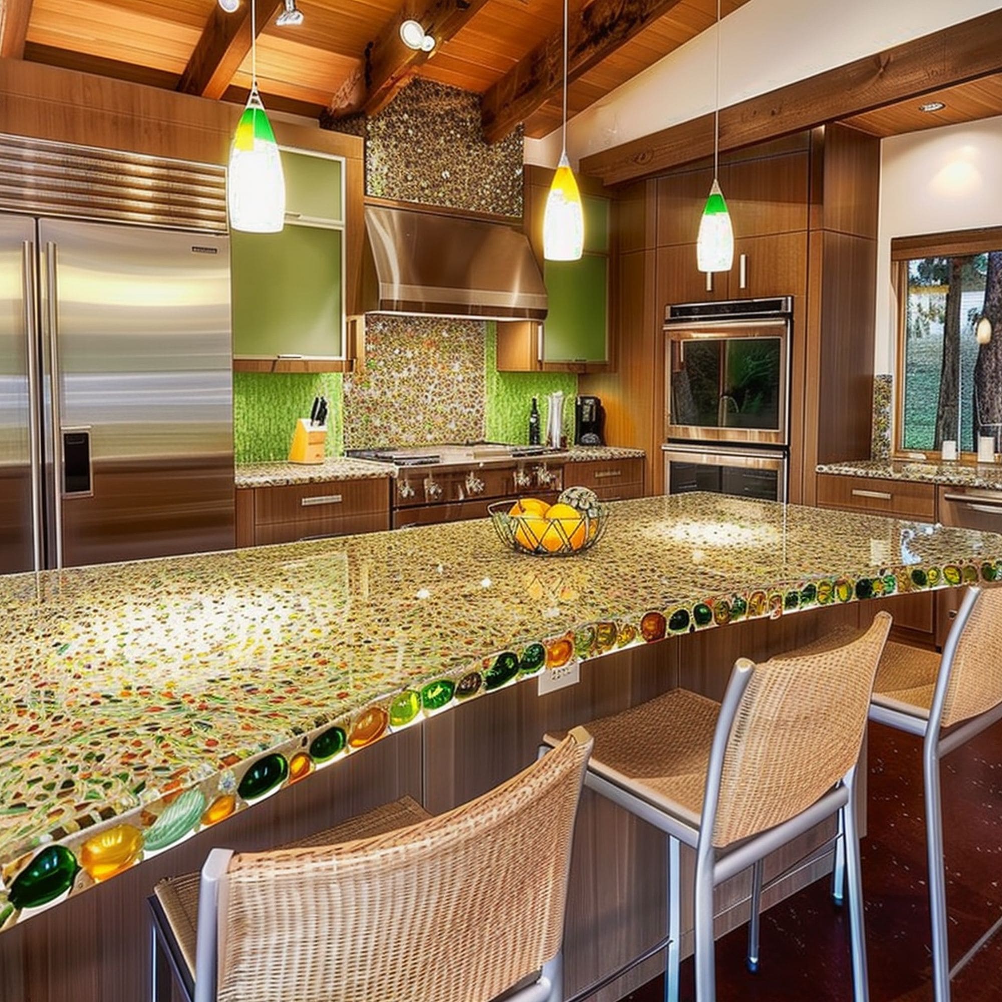 Recycled Glass Countertop in Green and Brown Kitchen