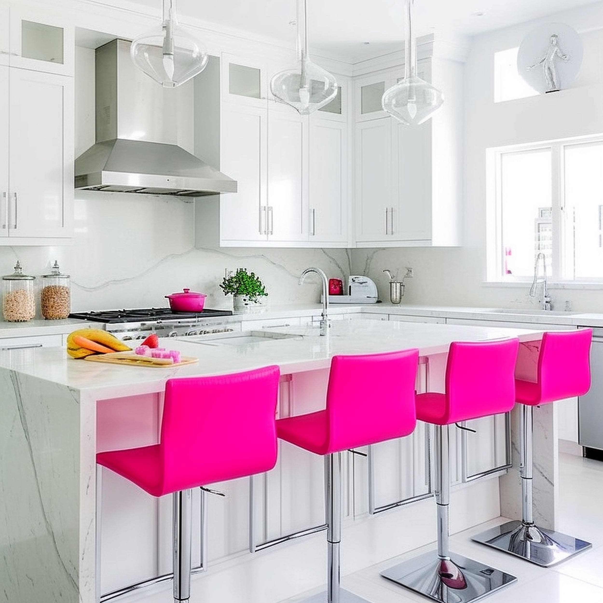 Hot Pink Bar Stools in White Kitchen