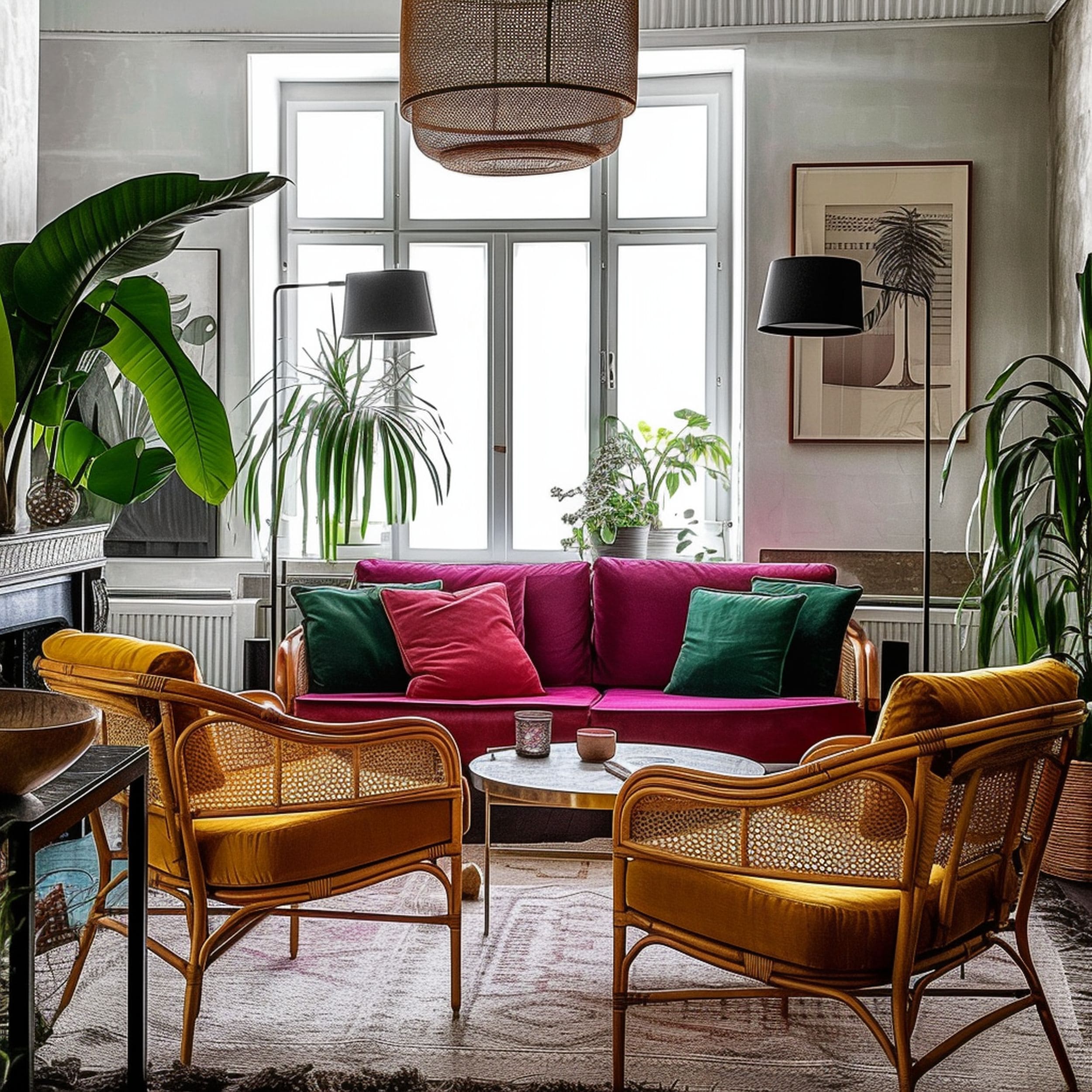Velvet Sofa and Rattan Chairs in Living Room