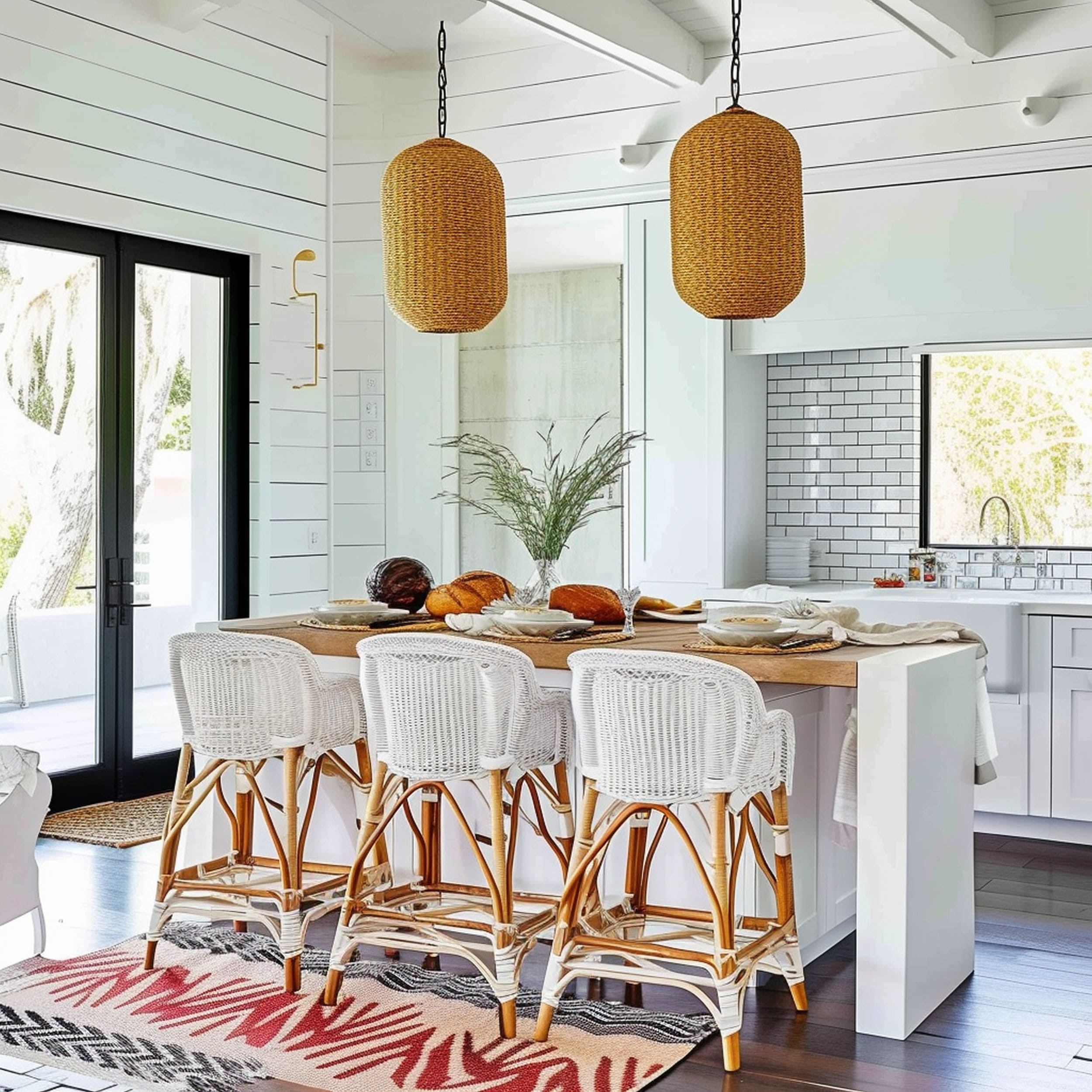 Painted White Rattan Chairs in Modern Kitchen