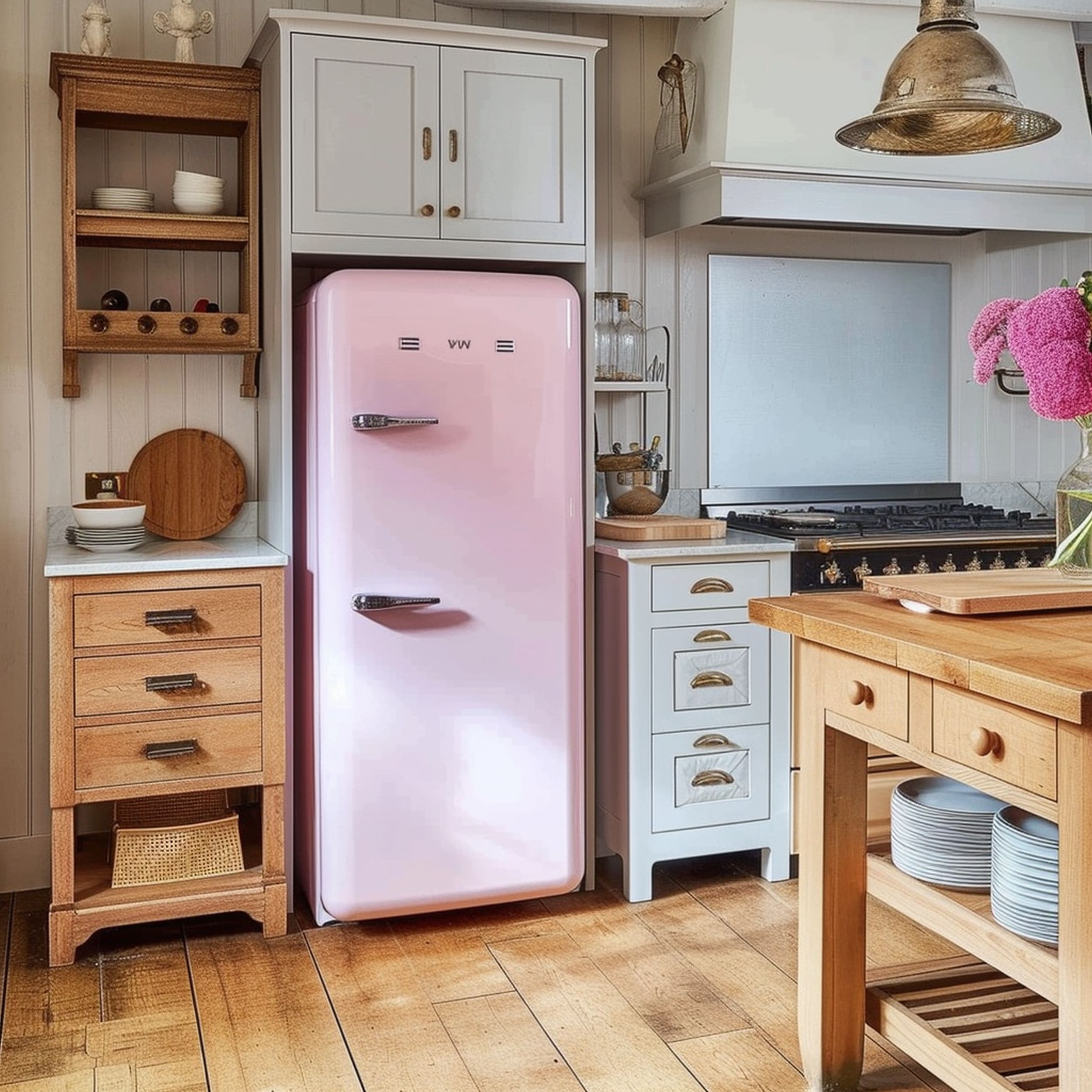 Retro Pink Fridge in Modern Farmhouse Kitchen