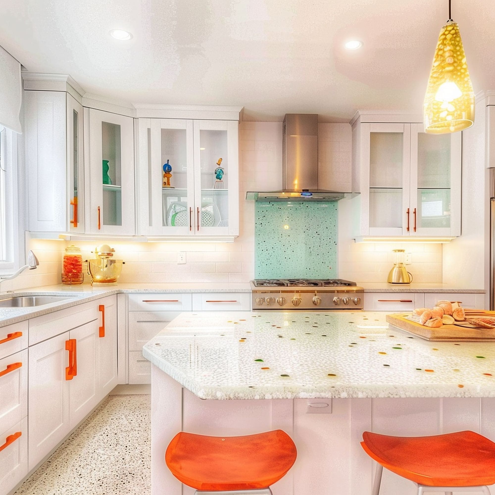 White Recycled Glass Countertop in White Orange Kitchen