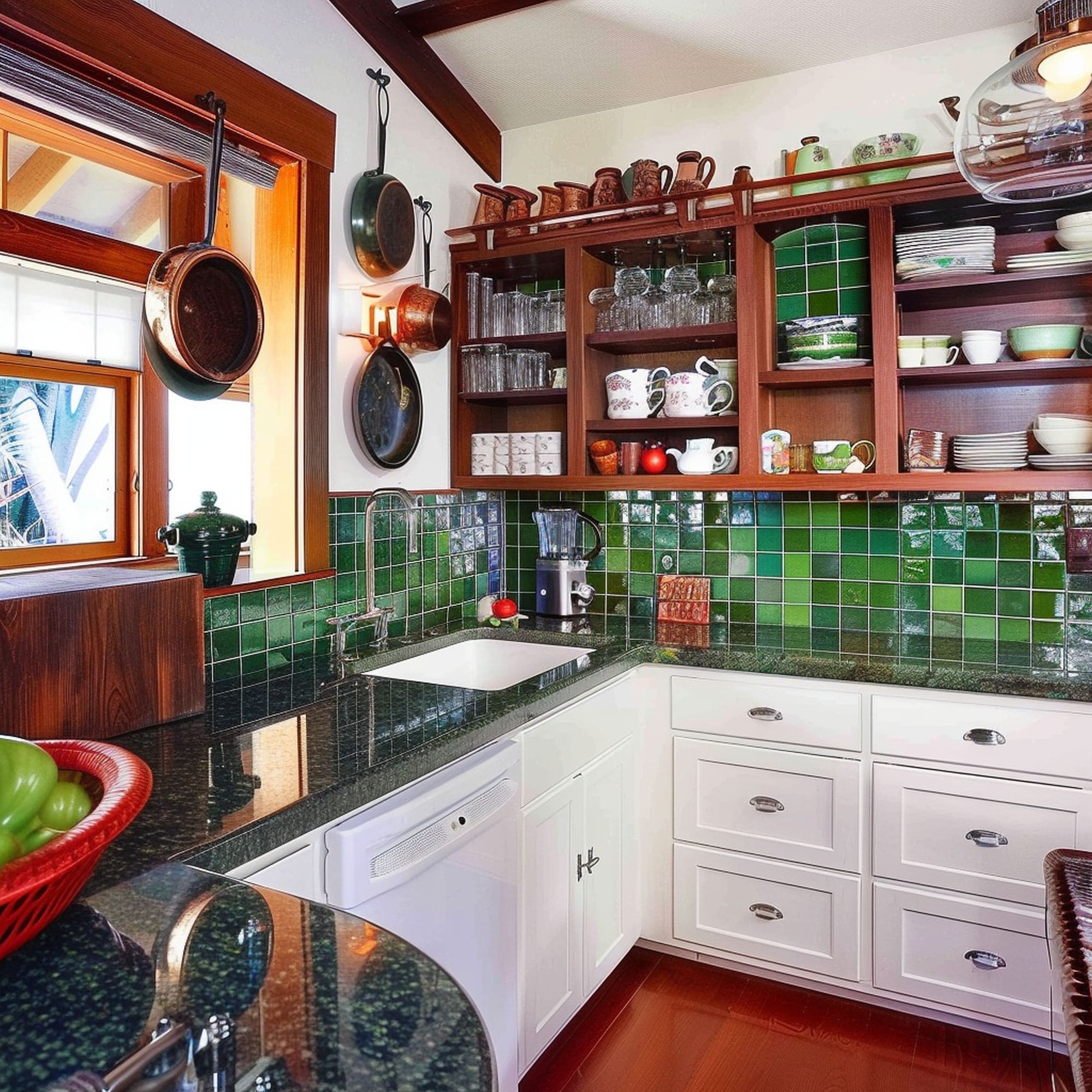 Recycled Glass Countertop With Green Tile Backsplash