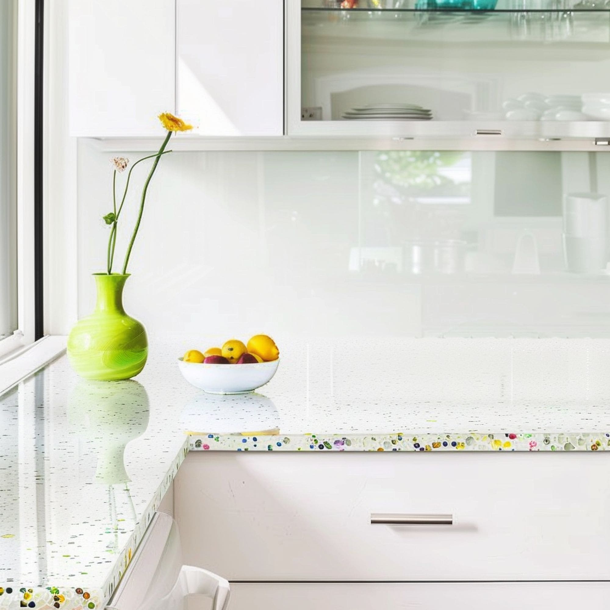 Colorful Speckled Recycled Glass Countertop in White Kitchen