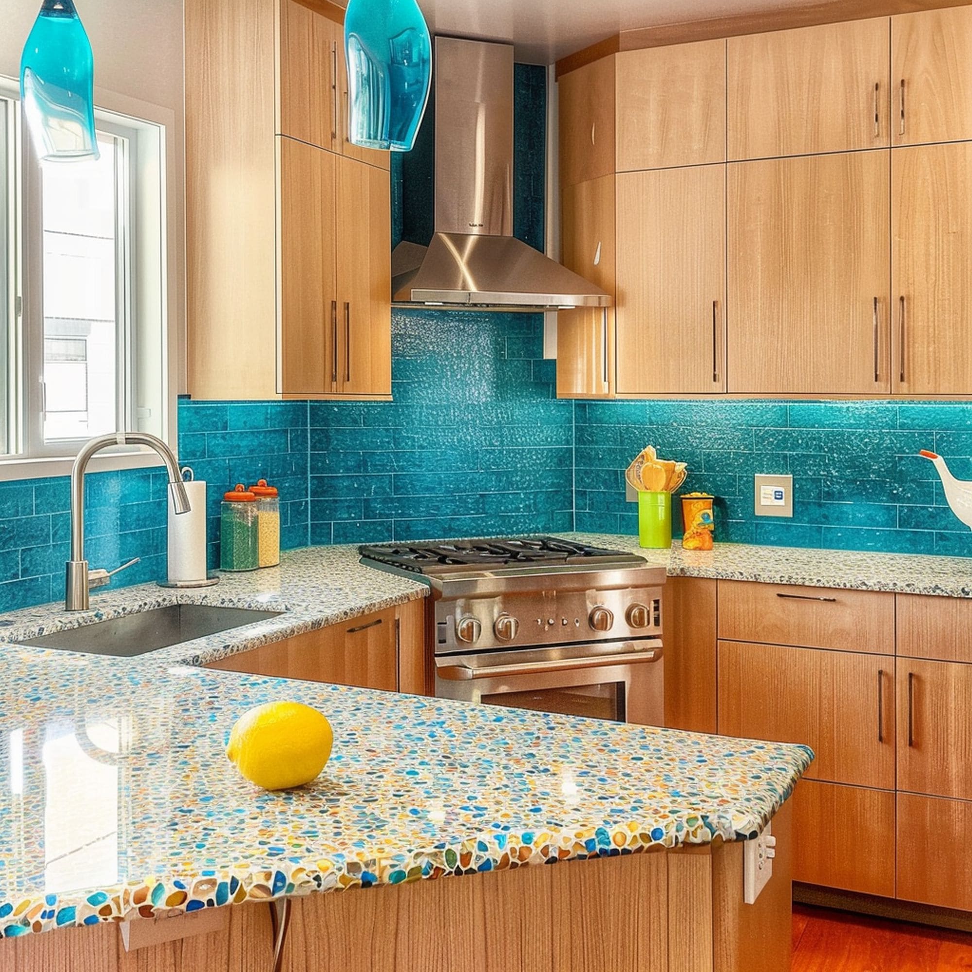 Colorful Recycled Glass Countertop in Neutral Kitchen