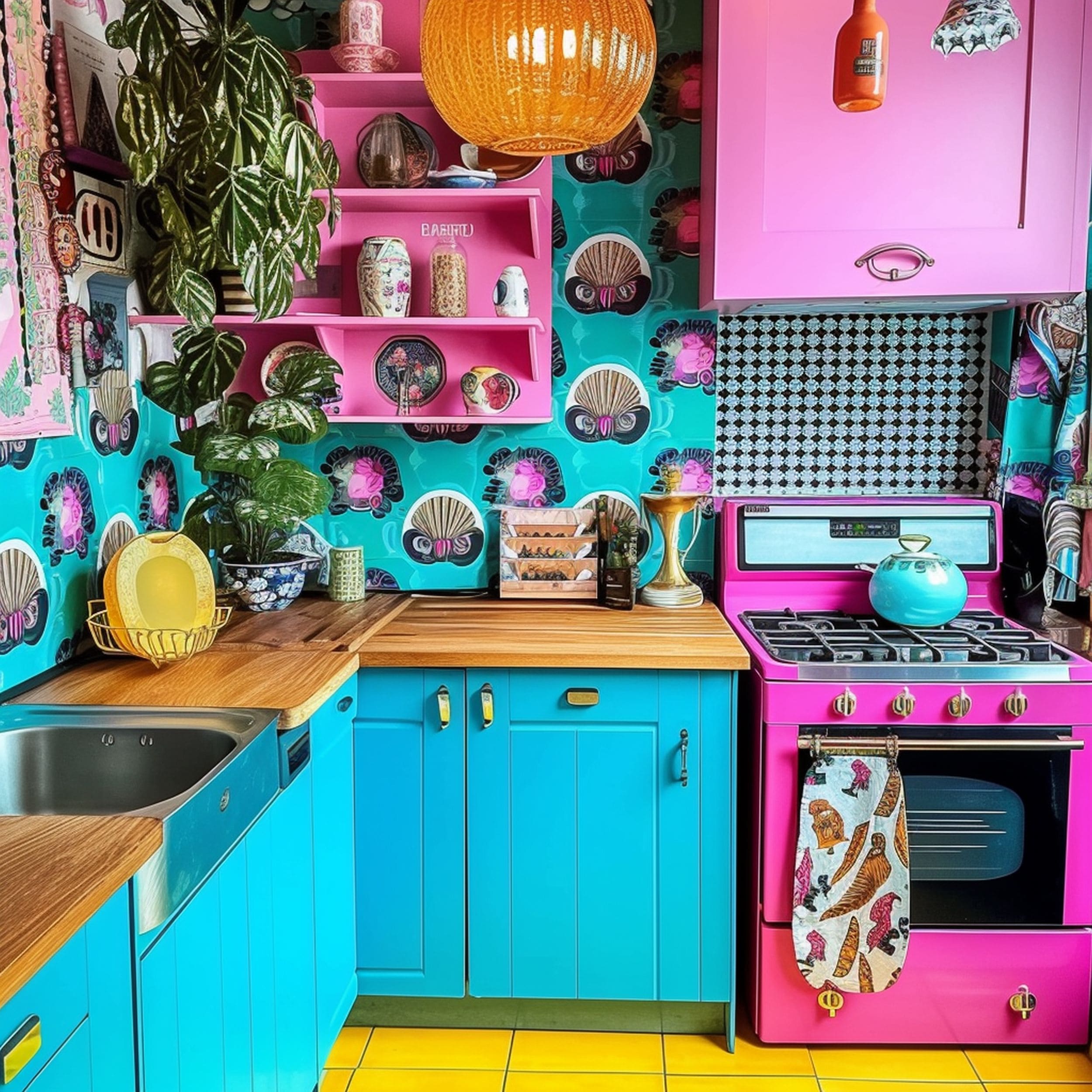 Retro Hot Pink and Turquoise Kitchen