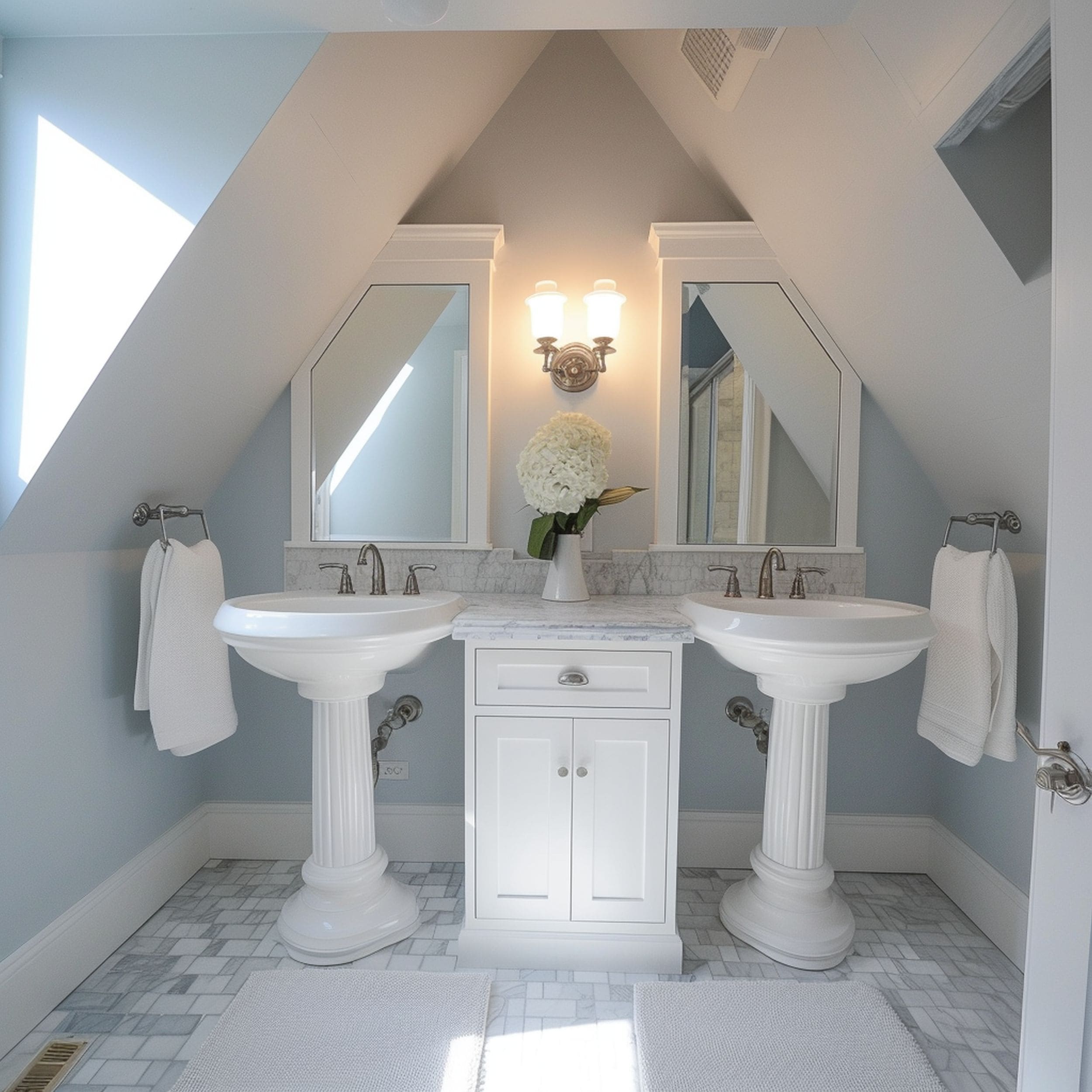 Attic Bathroom With Pedestal Sinks