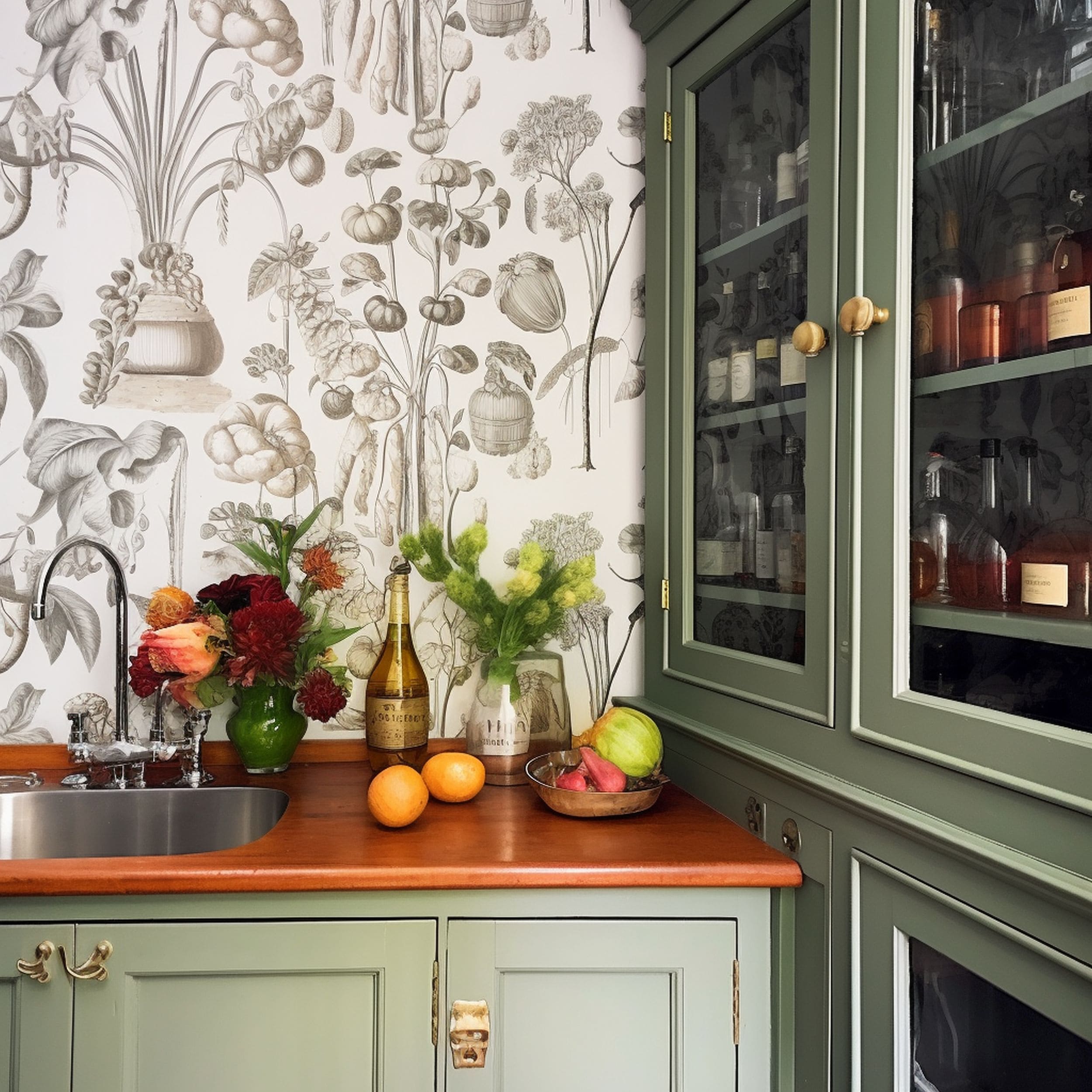 Butler Pantry With Vintage Wallpaper
