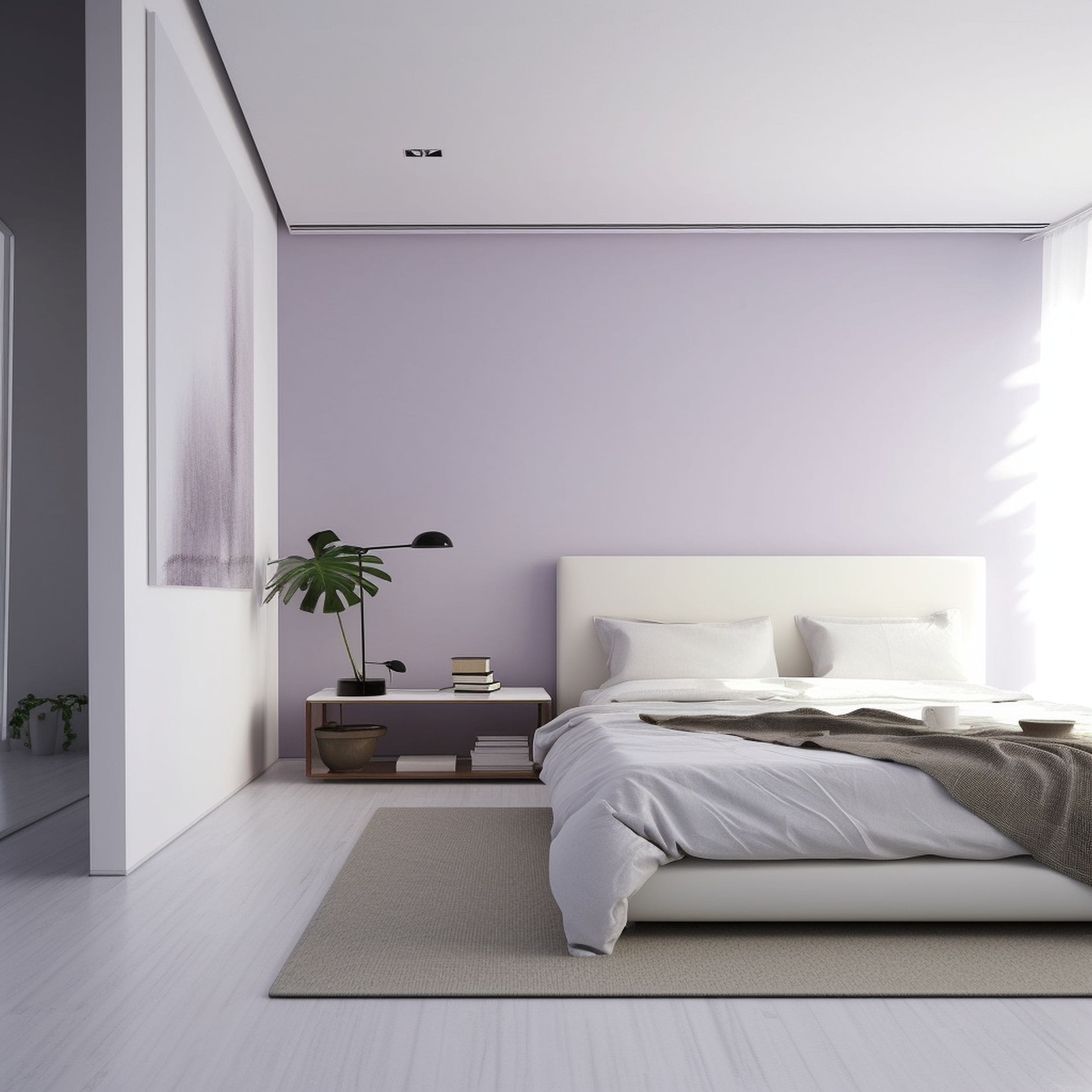 Modern Minimalist Bedroom With Lavender Purple Accent Wall