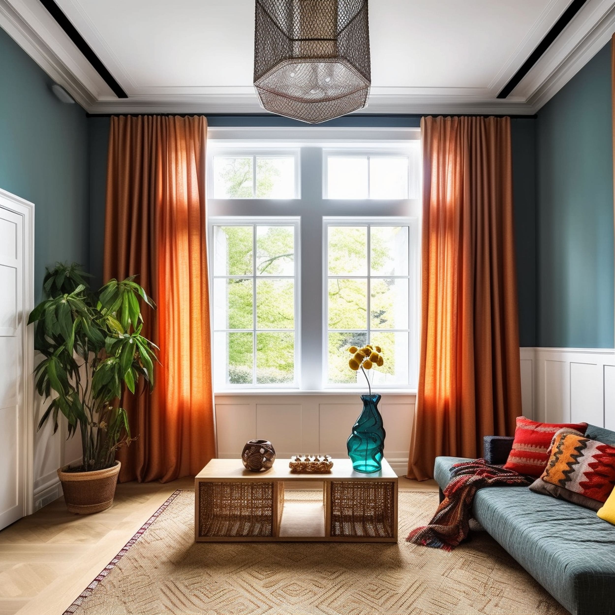 Tall Orange Curtains in Blue Living Room