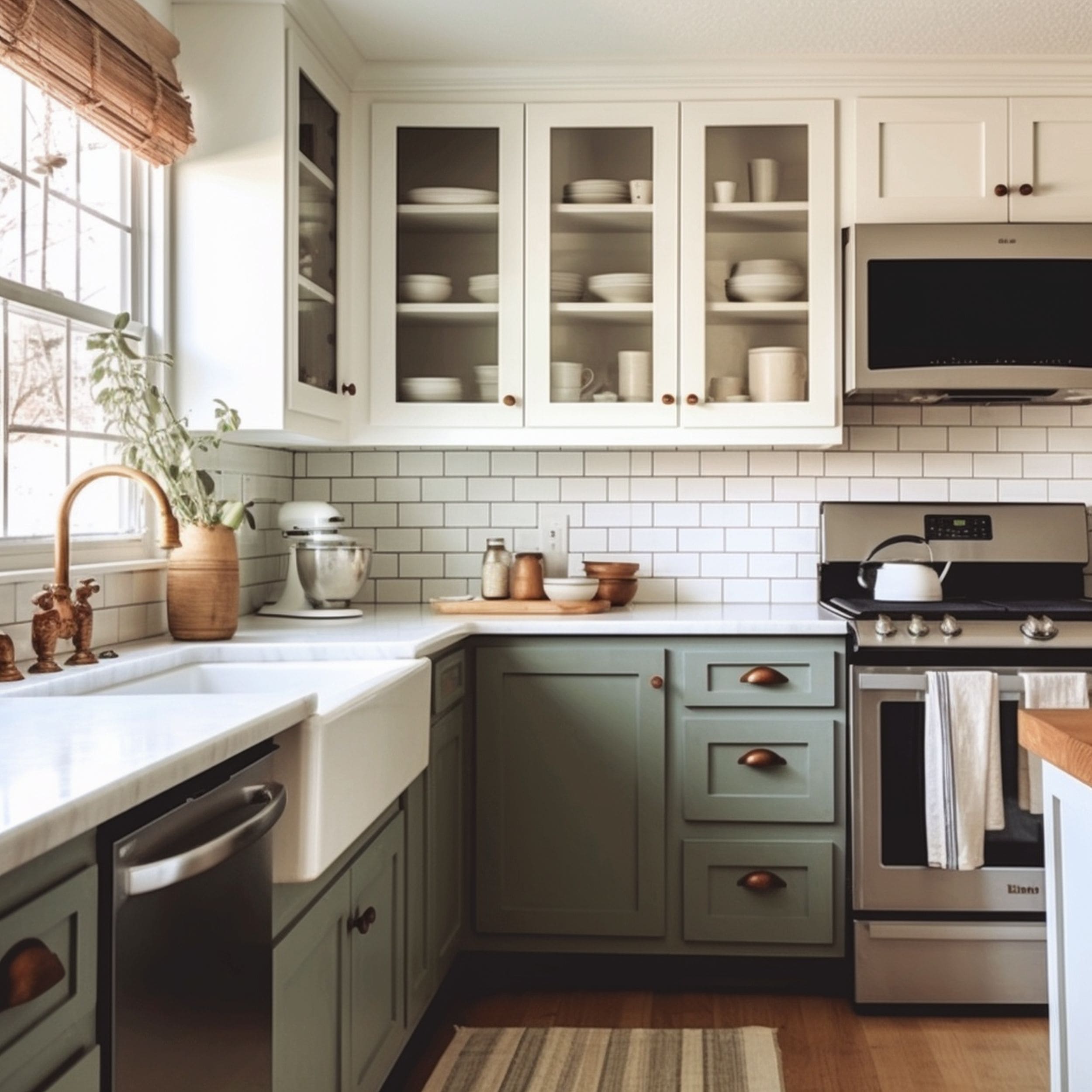 Kitchen With Lower Sage Green Cabinets and Upper White Cabinets