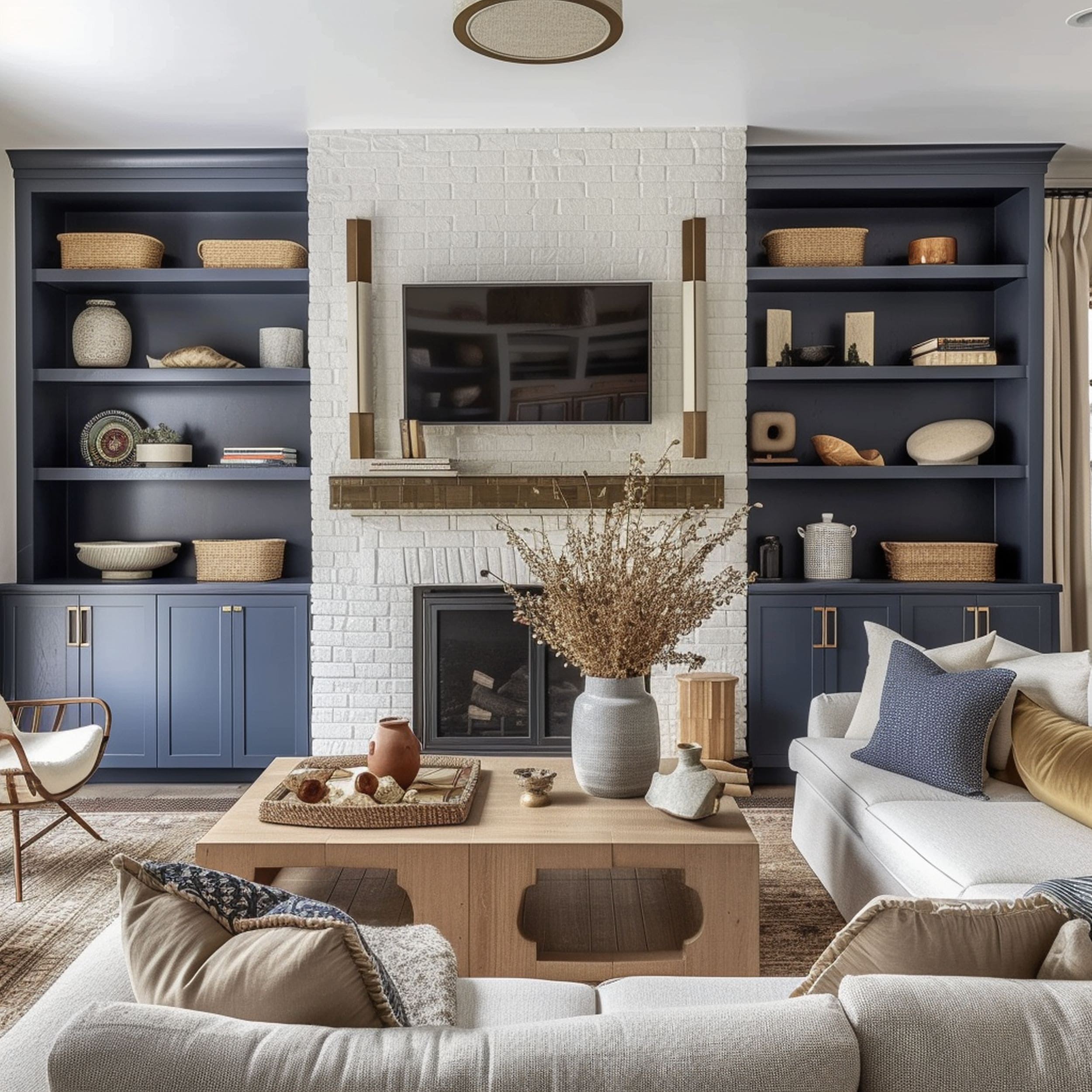 Blue Open Shelves and Cabinets in Transitional Living Room