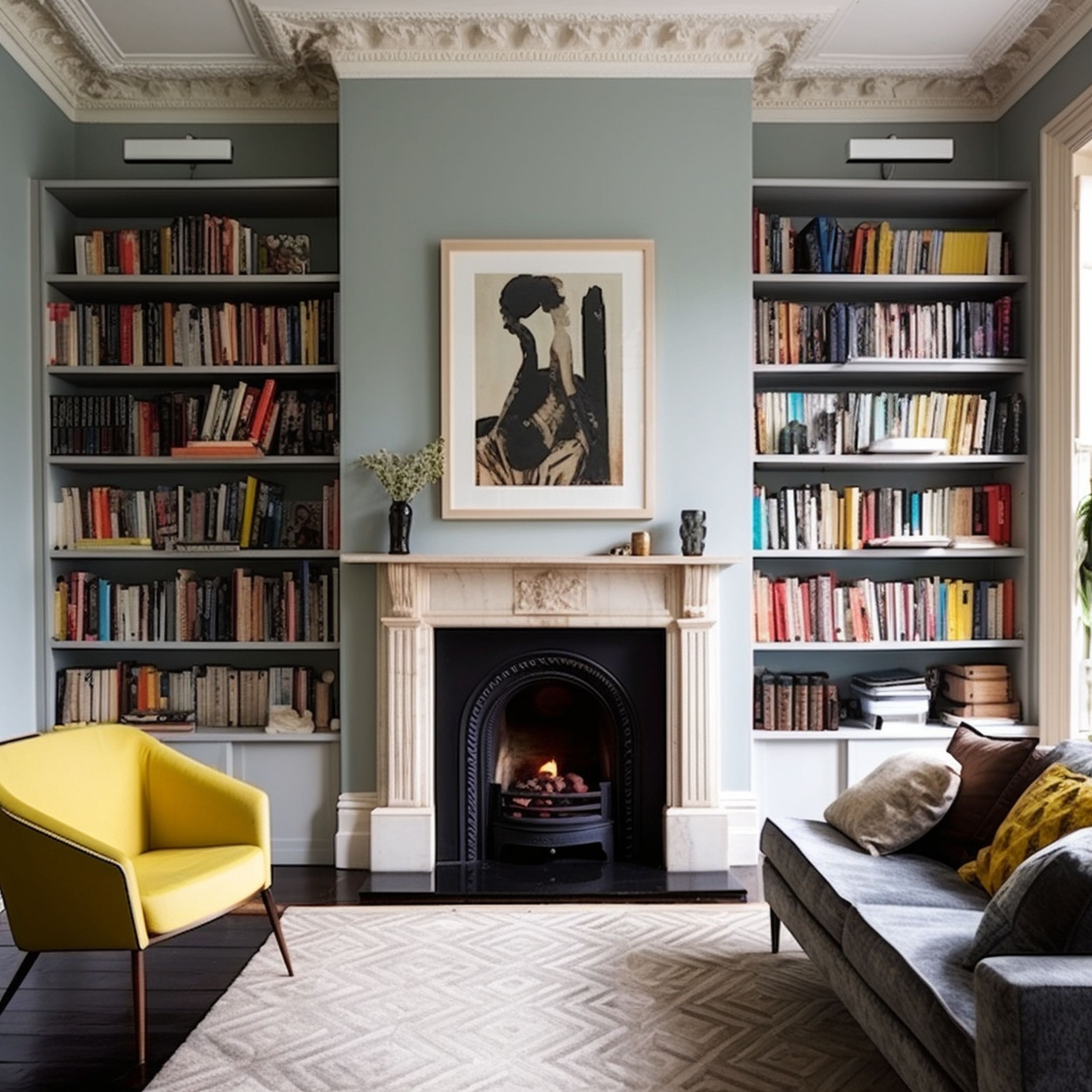 Modern Victorian Living Room With Tall Bookshelves