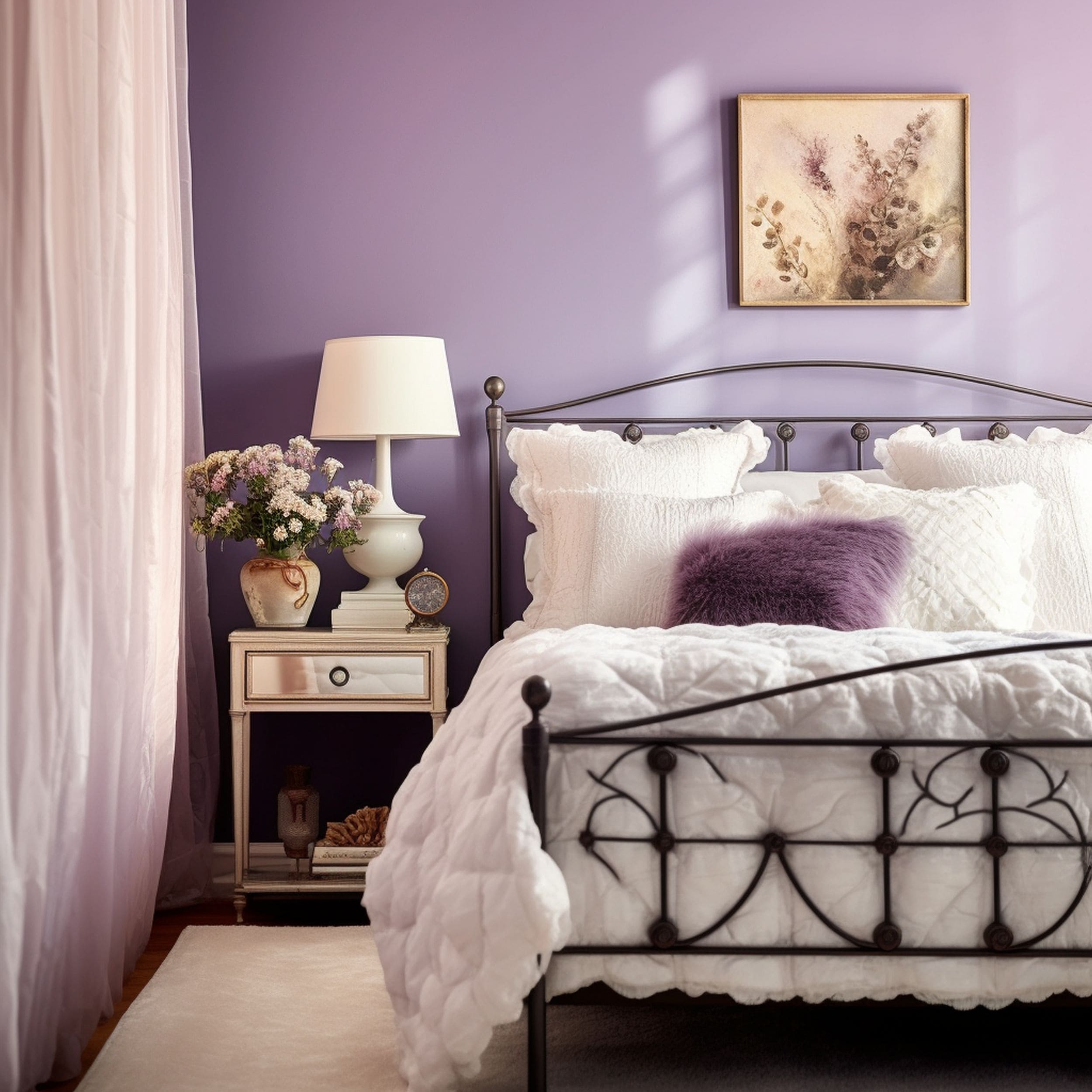 Stylish Lavender Purple Bedroom With Black Iron Bed