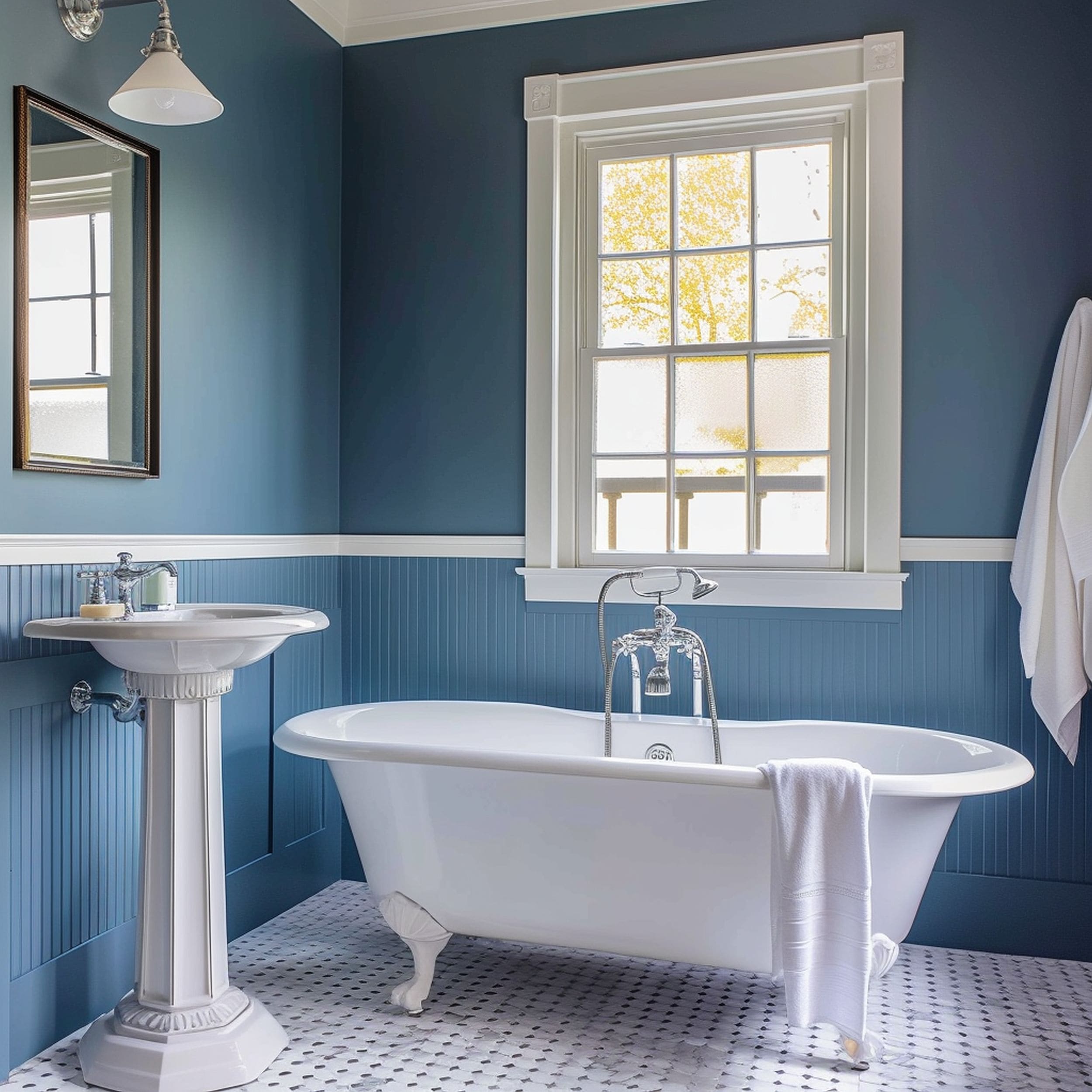 Moody Blue Bathroom With Pedestal Sink