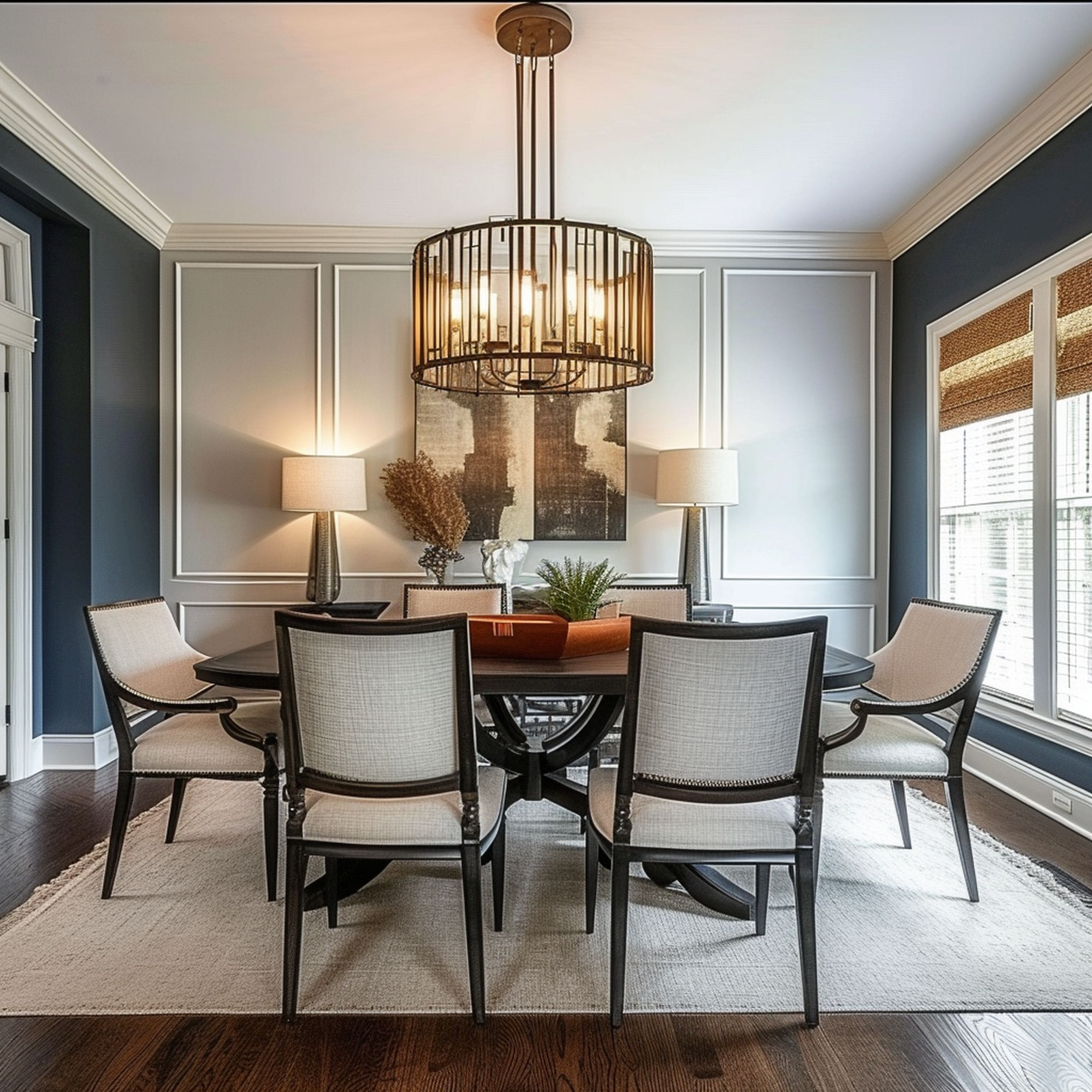 Transitional Dining Room With Stylish Lighting Fixture