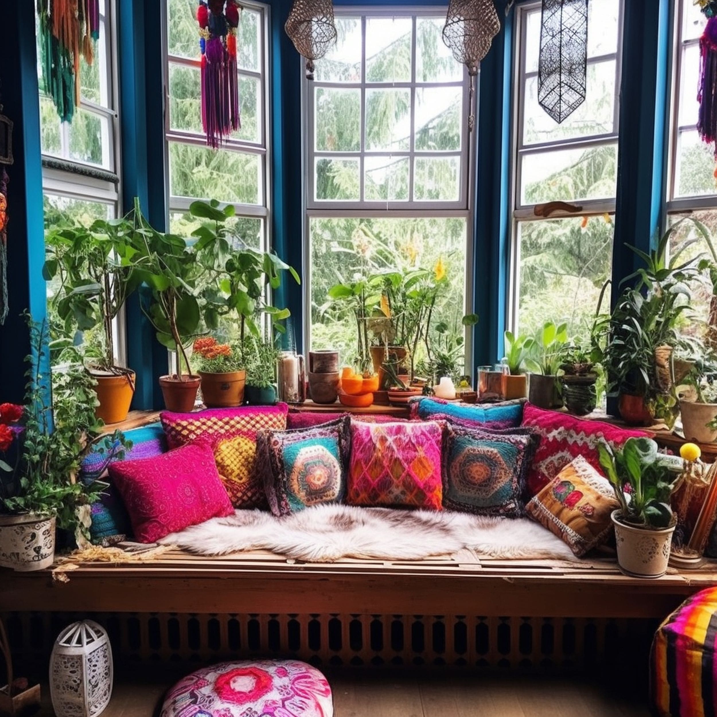 Cluttercore Bench With Colorful Pillows