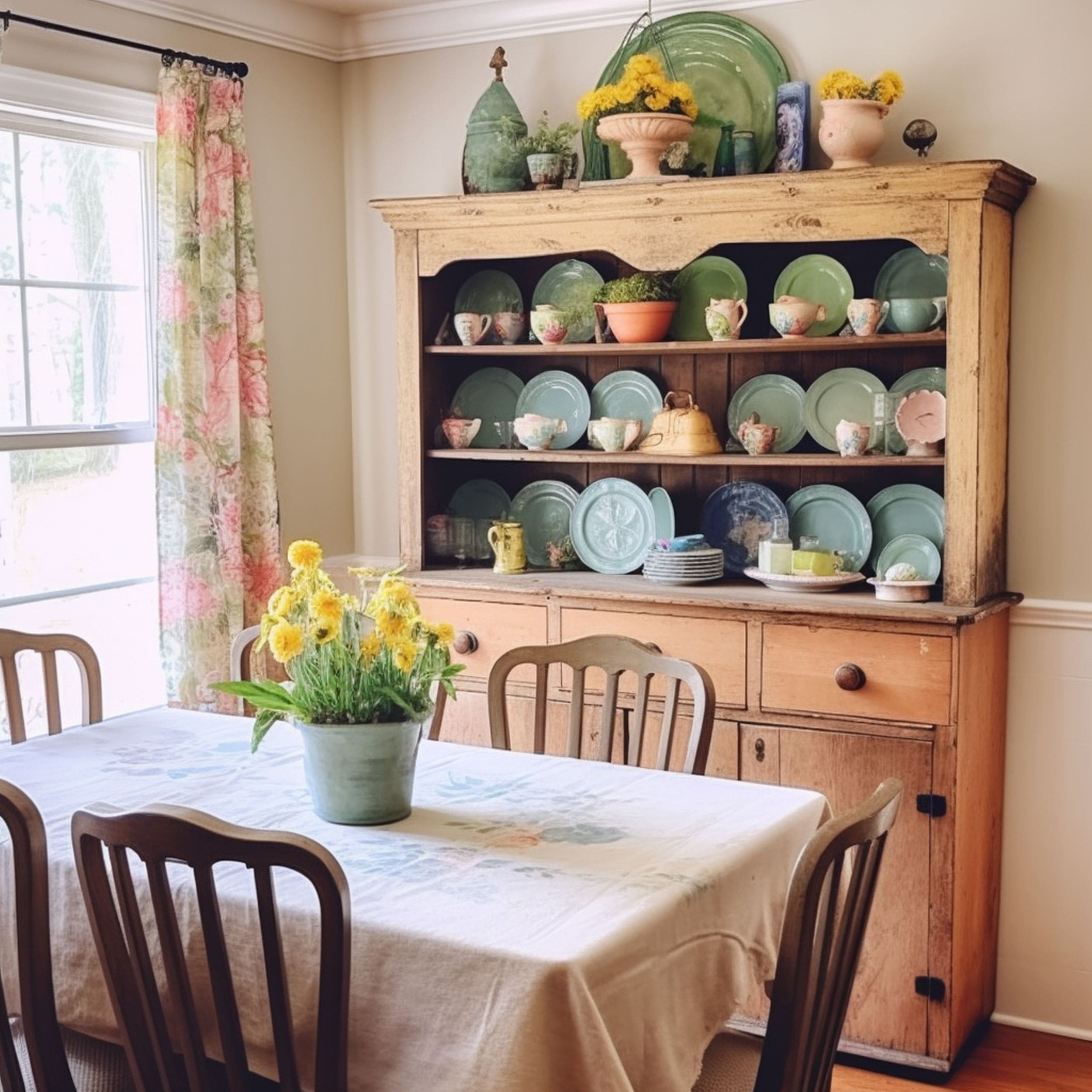 Cottagecore Dining Room With Vintage Wood Cabinet