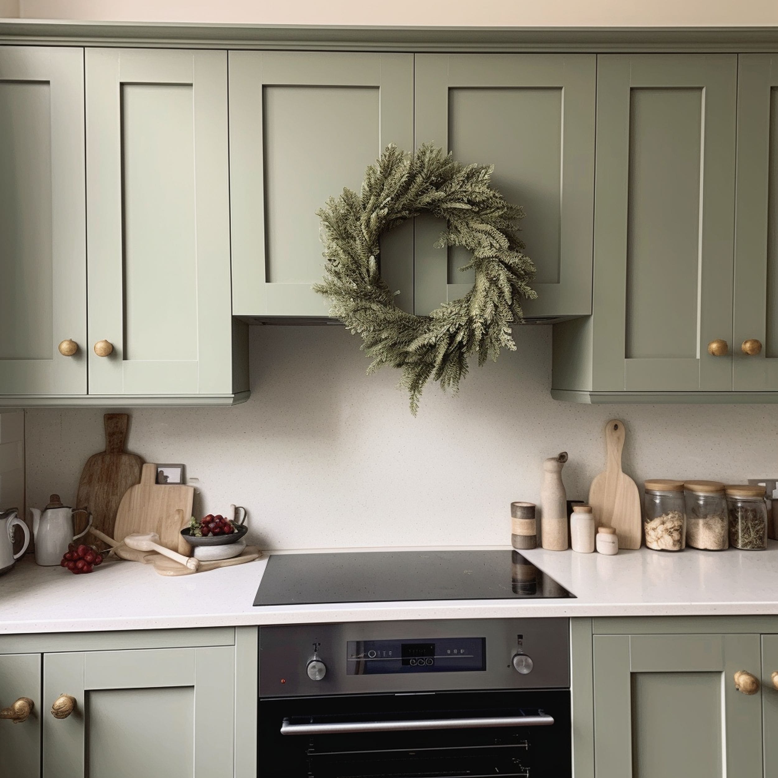 Kitchen With Sage Green Cabinets and Wreath Decoration