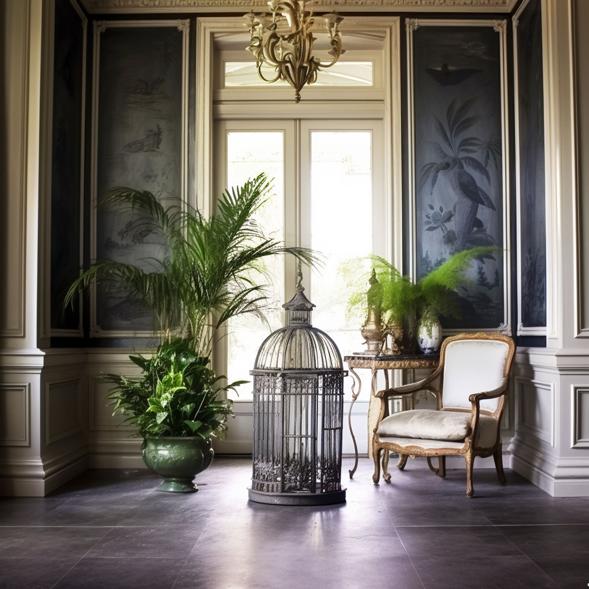 Modern Victorian Foyer Decorated With Vintage Bird Cage