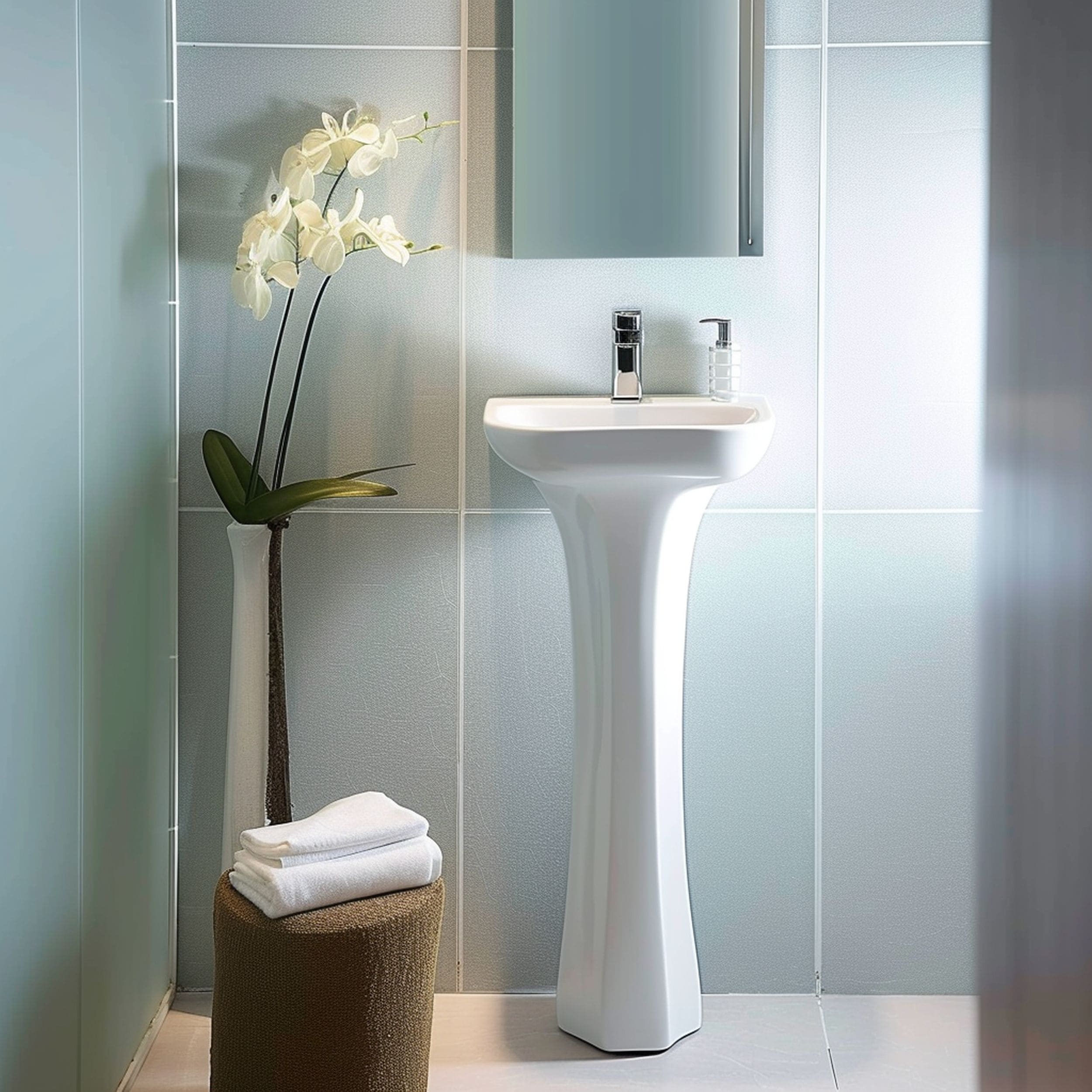 Tiny Pedestal Sink in Blue Bathroom