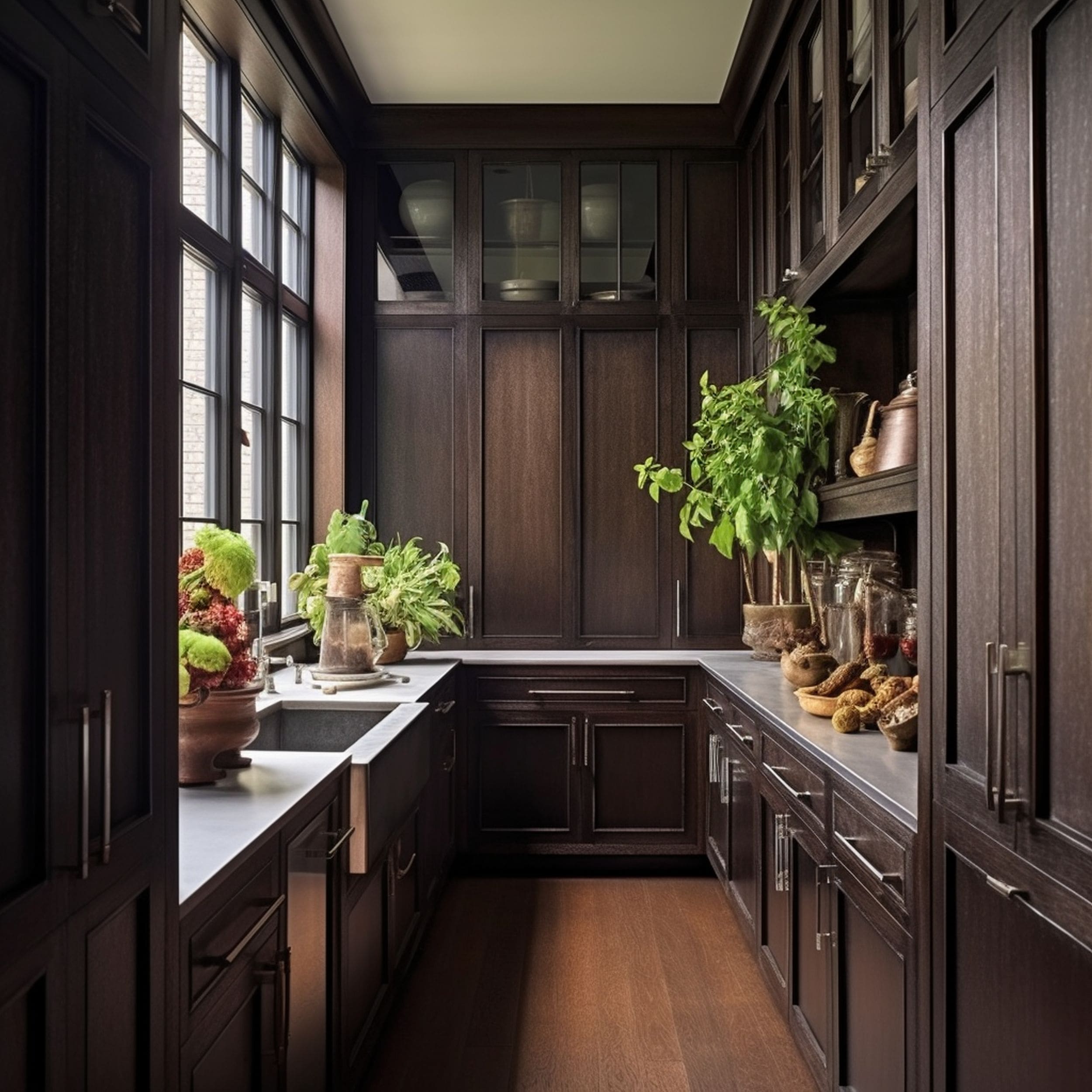 Butler Pantry With Tall Brown Cabinets