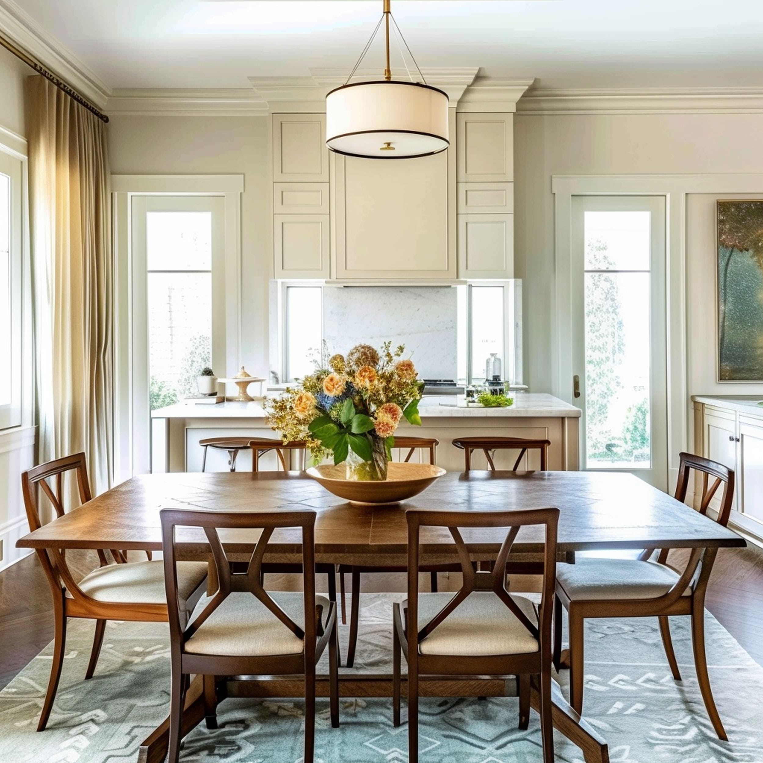 Transitional Dining Room With Wood Furniture