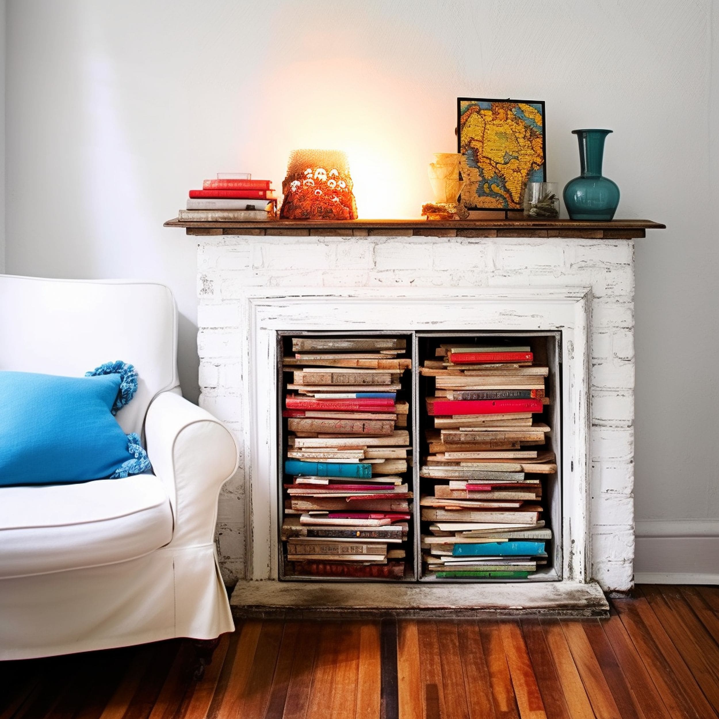 Unused Fireplaced Repurposed for Book Storage