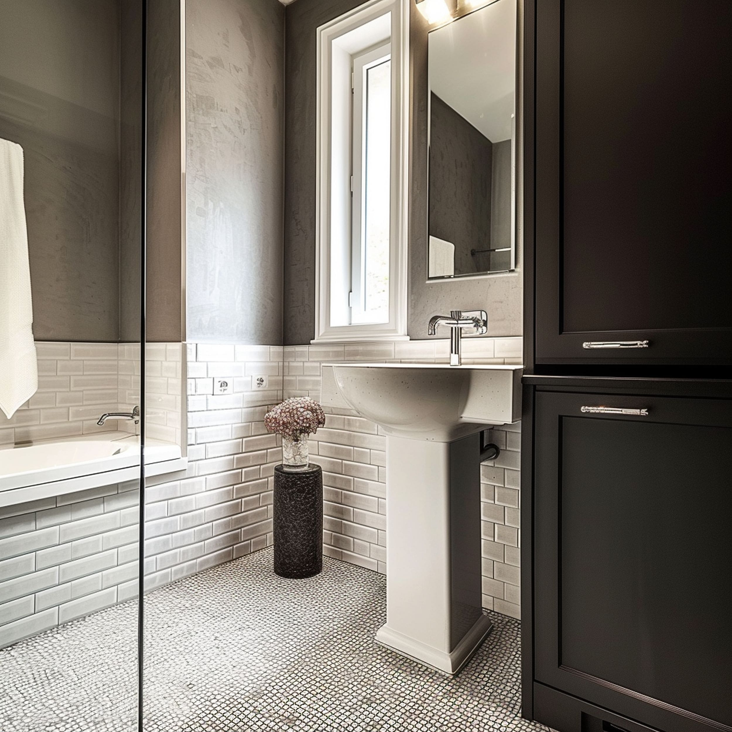 Dark Gray Bathroom With Pedestal Sink