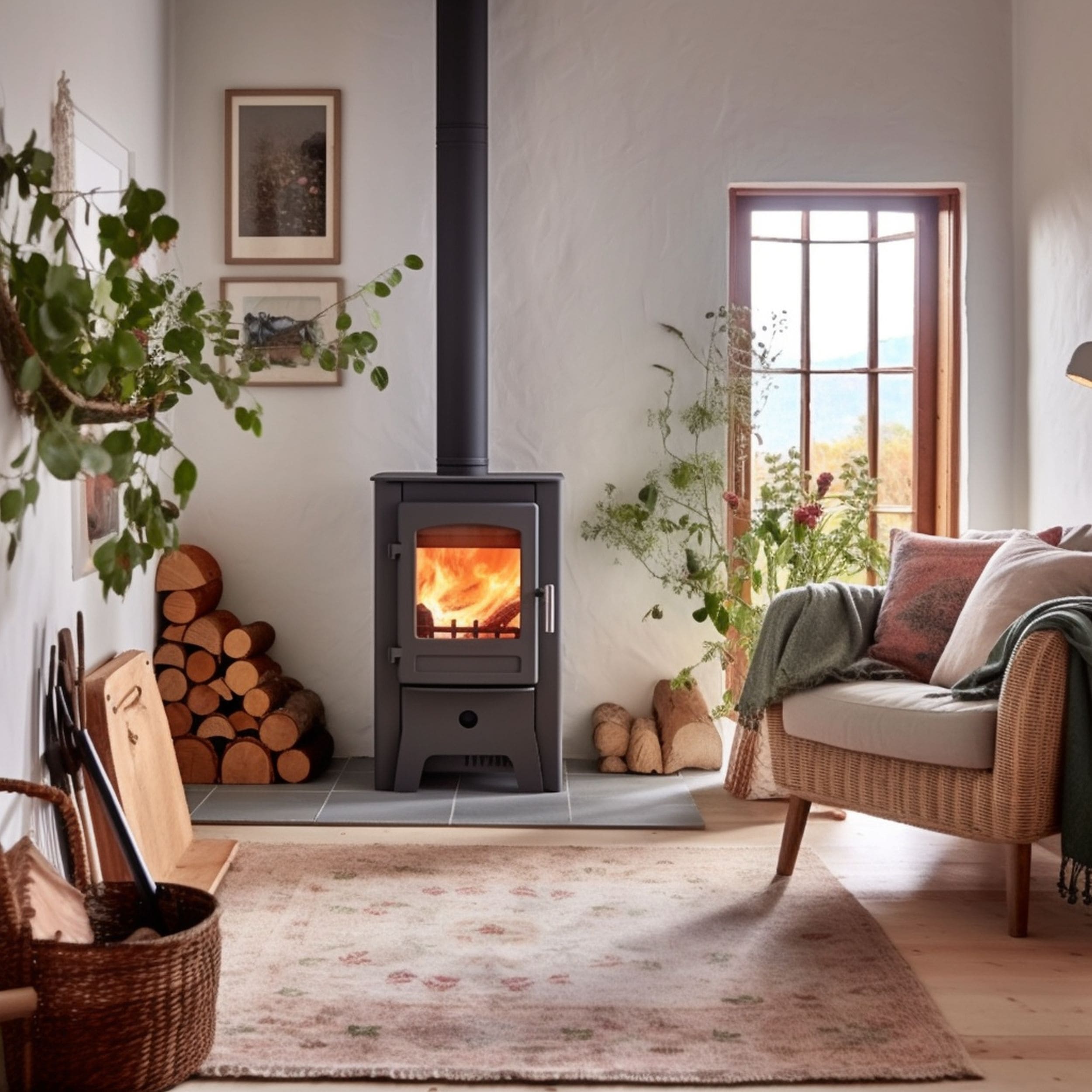 Wood Burning Stove in Modern Cottagecore Living Room