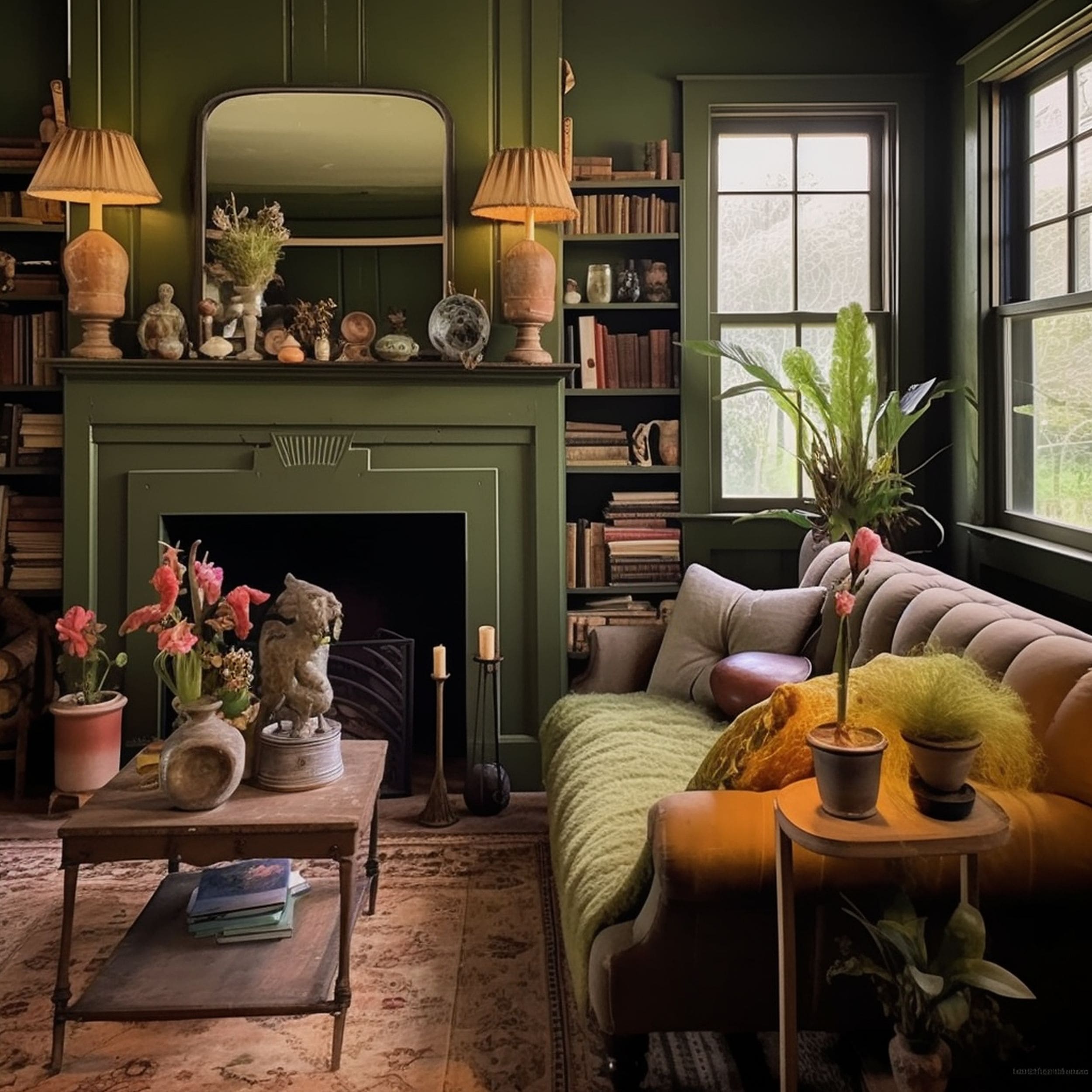 Olive Green Elegant Cottagecore Living Room