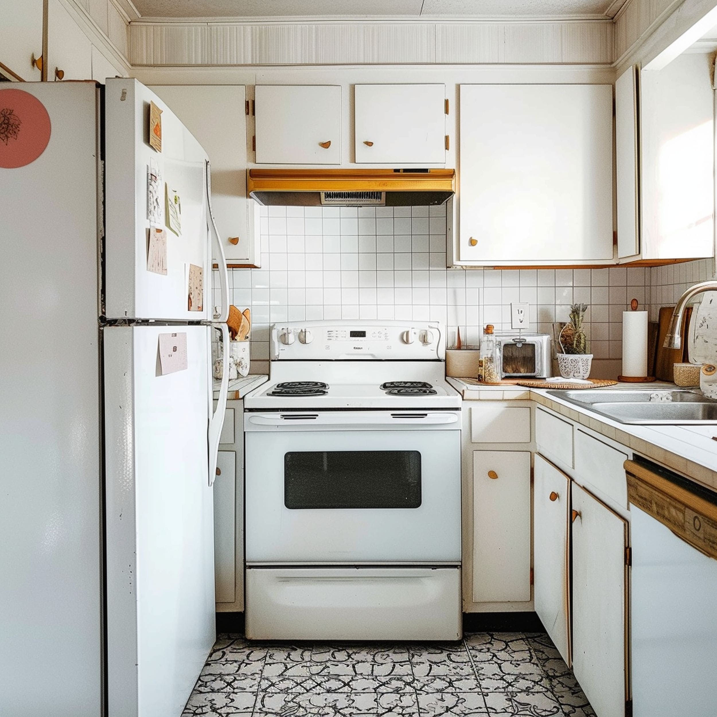 White Kitchen Appliances in Outdated Kitchen