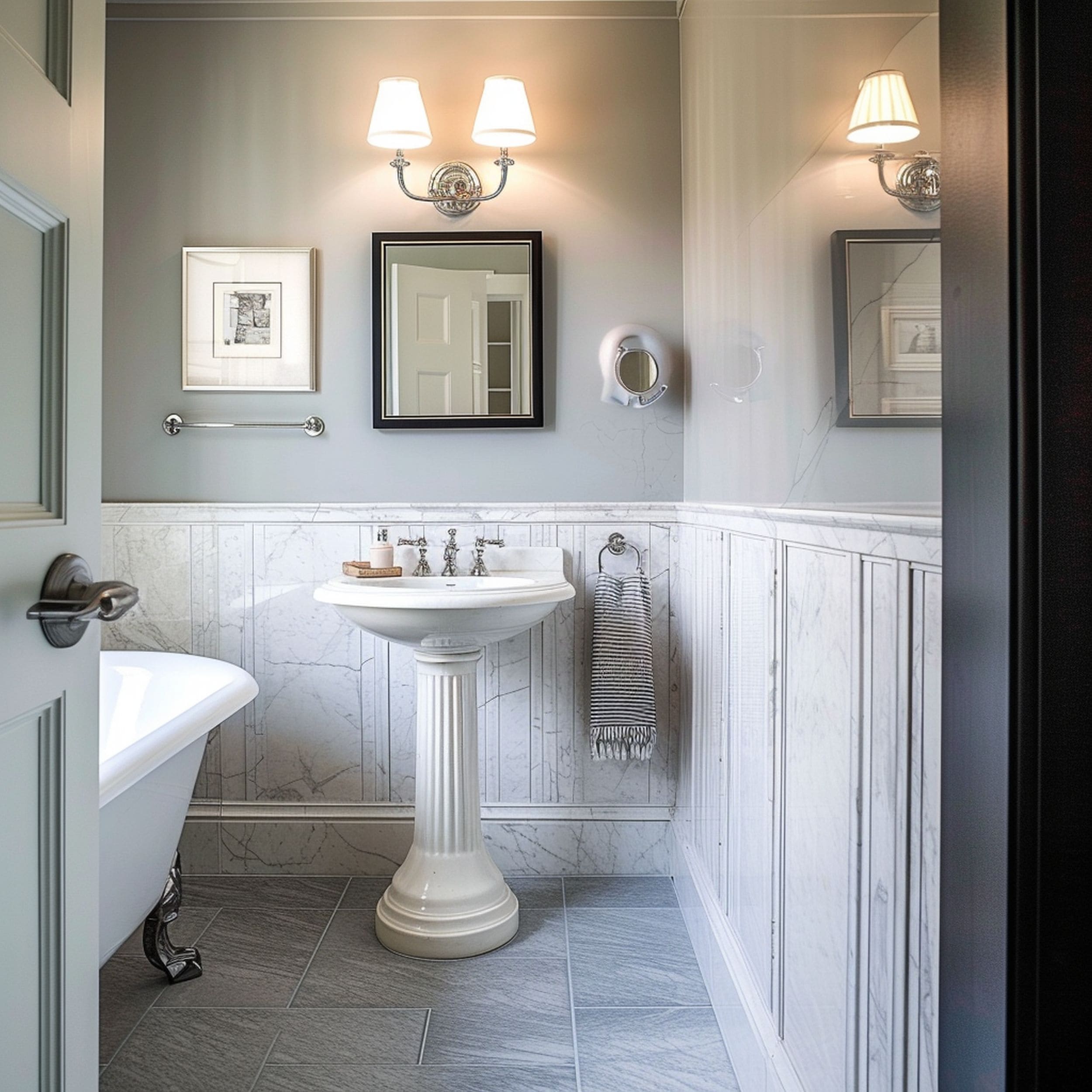 Bathroom With Pedestal Sink and Marble Wainscoting
