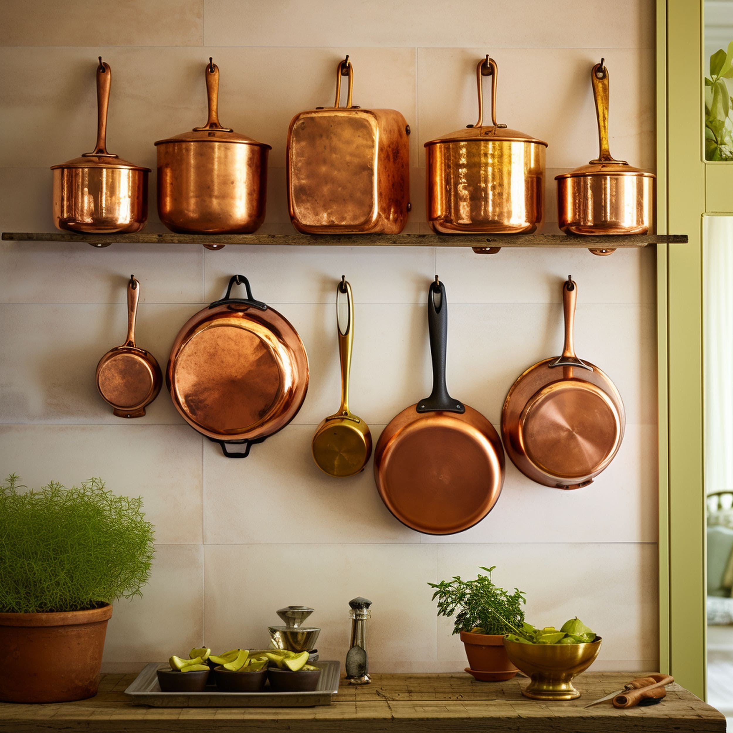 Copper Cookware Hung on the Kitchen Wall
