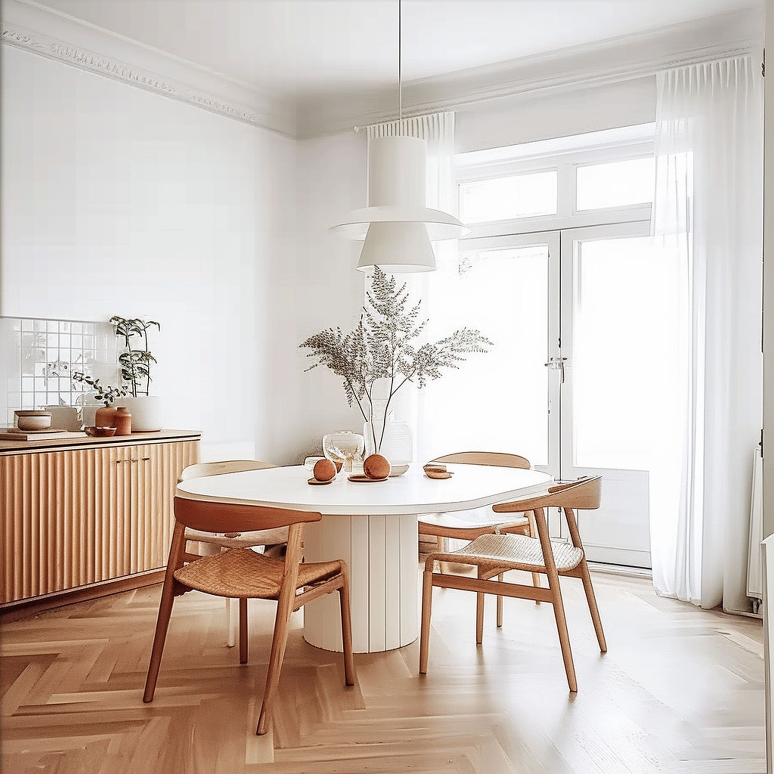 Minimalist White Dining Room With Wood Accents