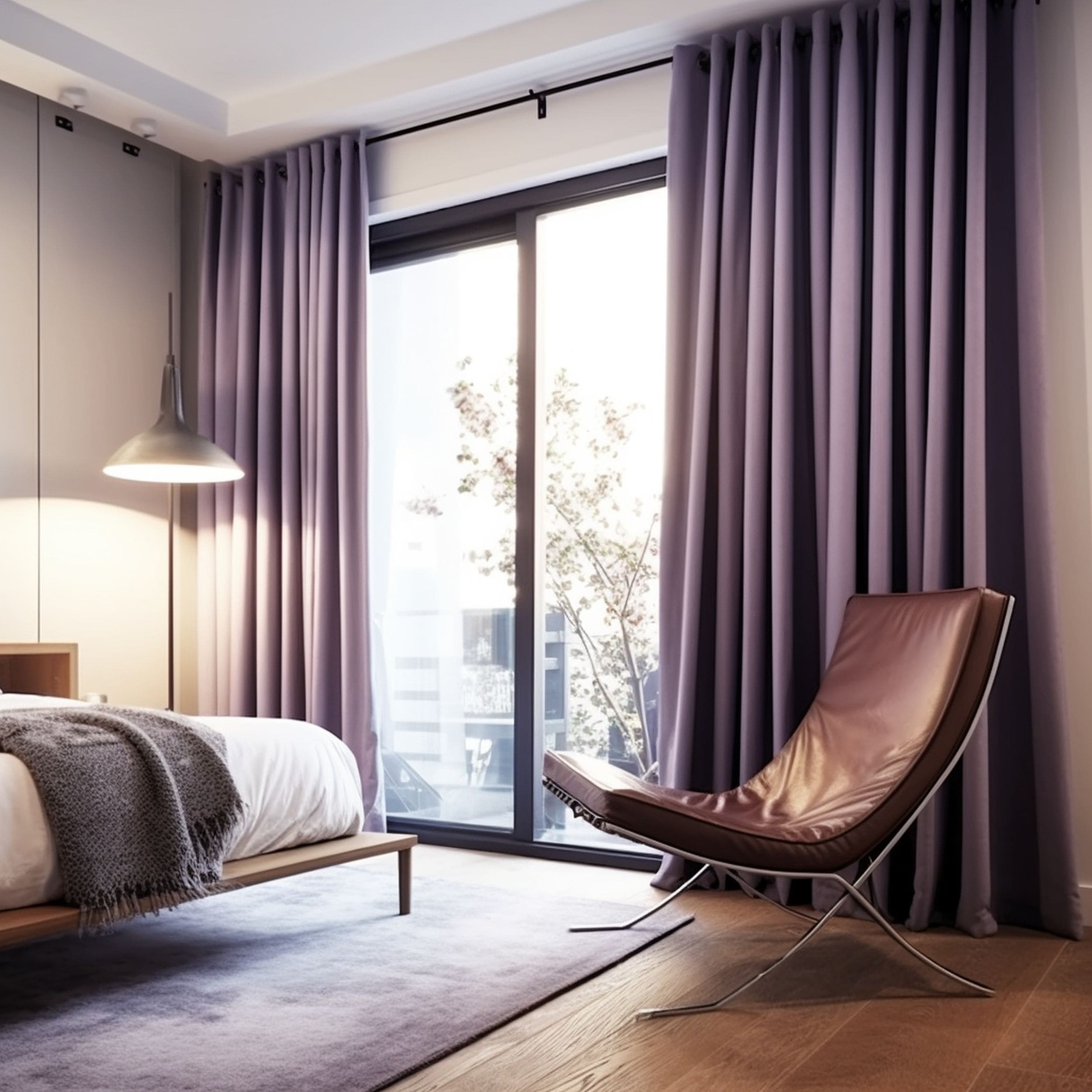 Modern Bedroom With Lavender Purple Curtains