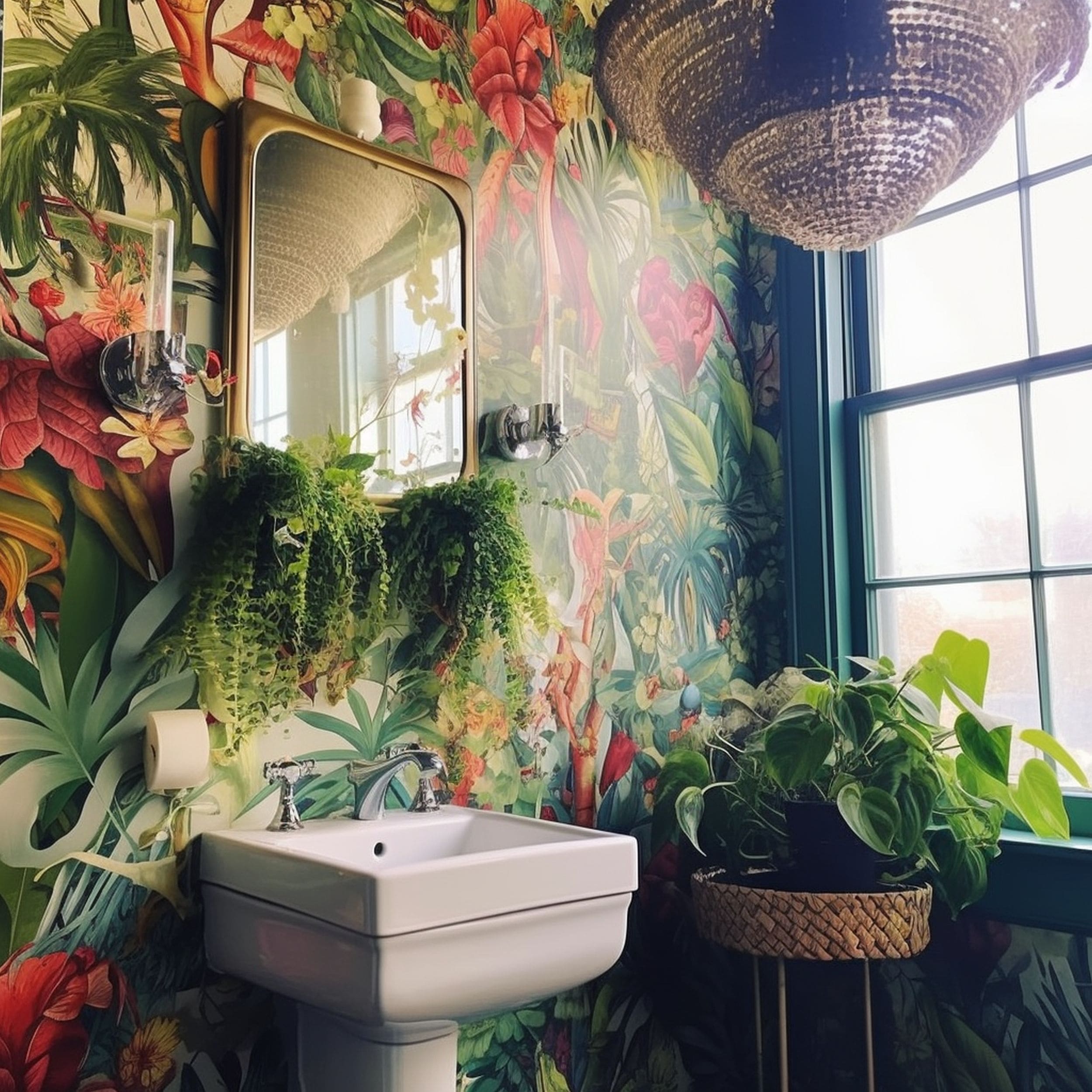 Modern Victorian Bathroom With Colorful Wallpaper