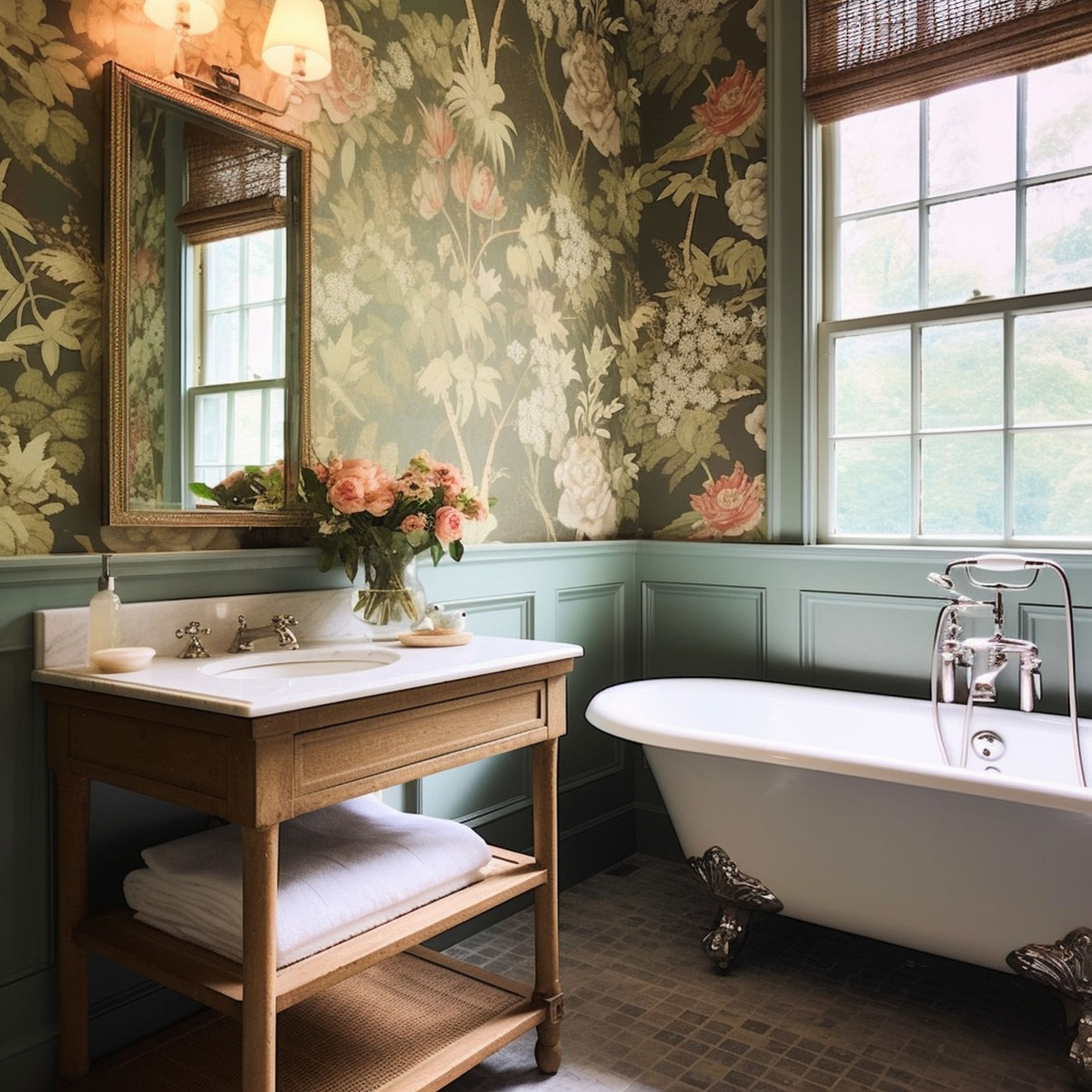 Cottagecore Bathroom With Floral Wallpaper