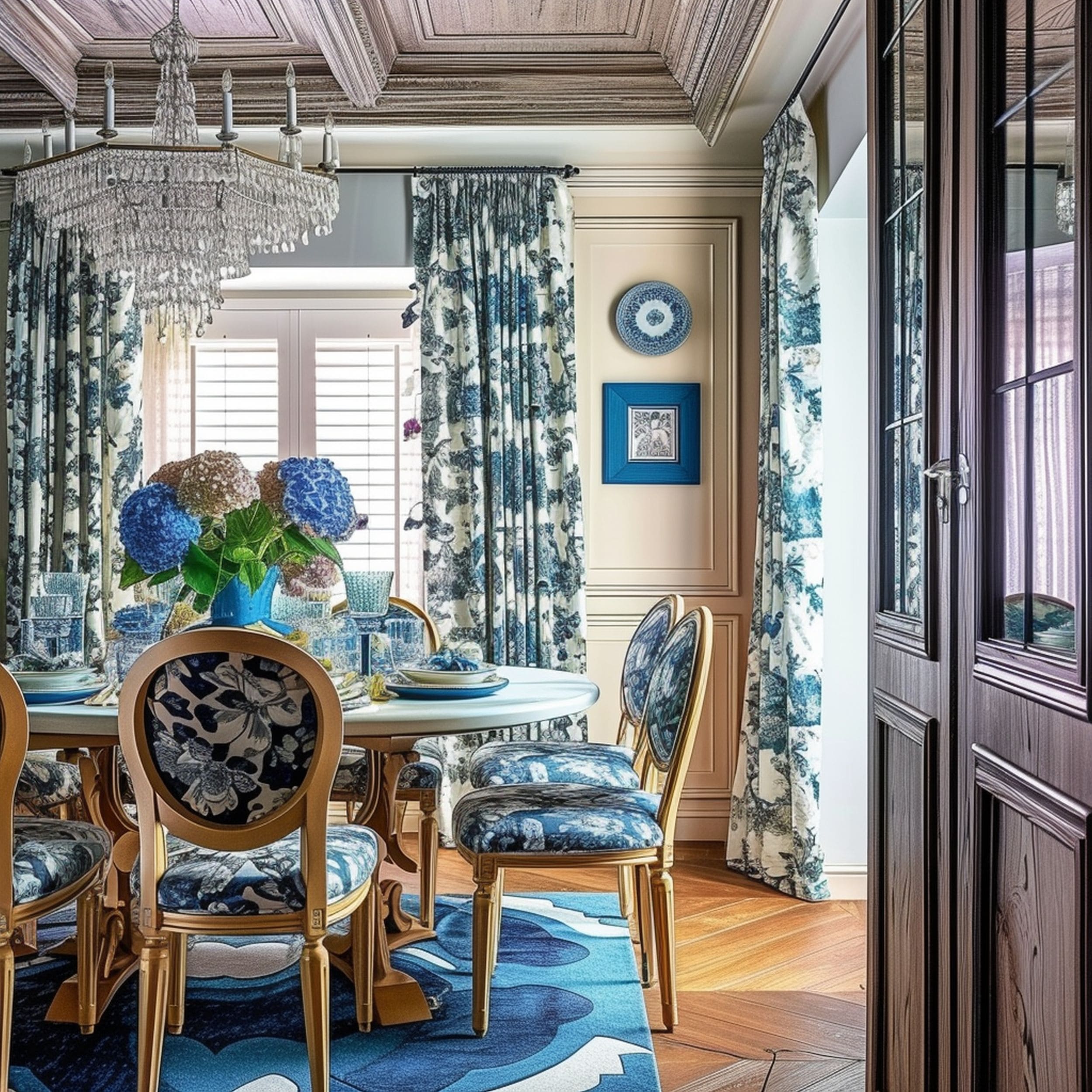 Ecru Dining Room With Blue Floral Patterns