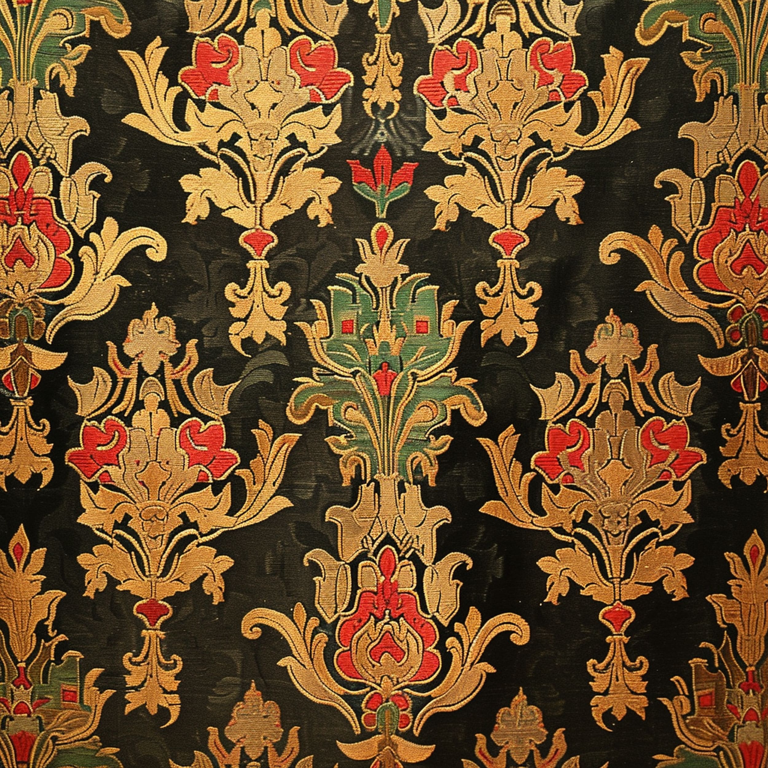 Damask Fabric With Black and Gold Patterns